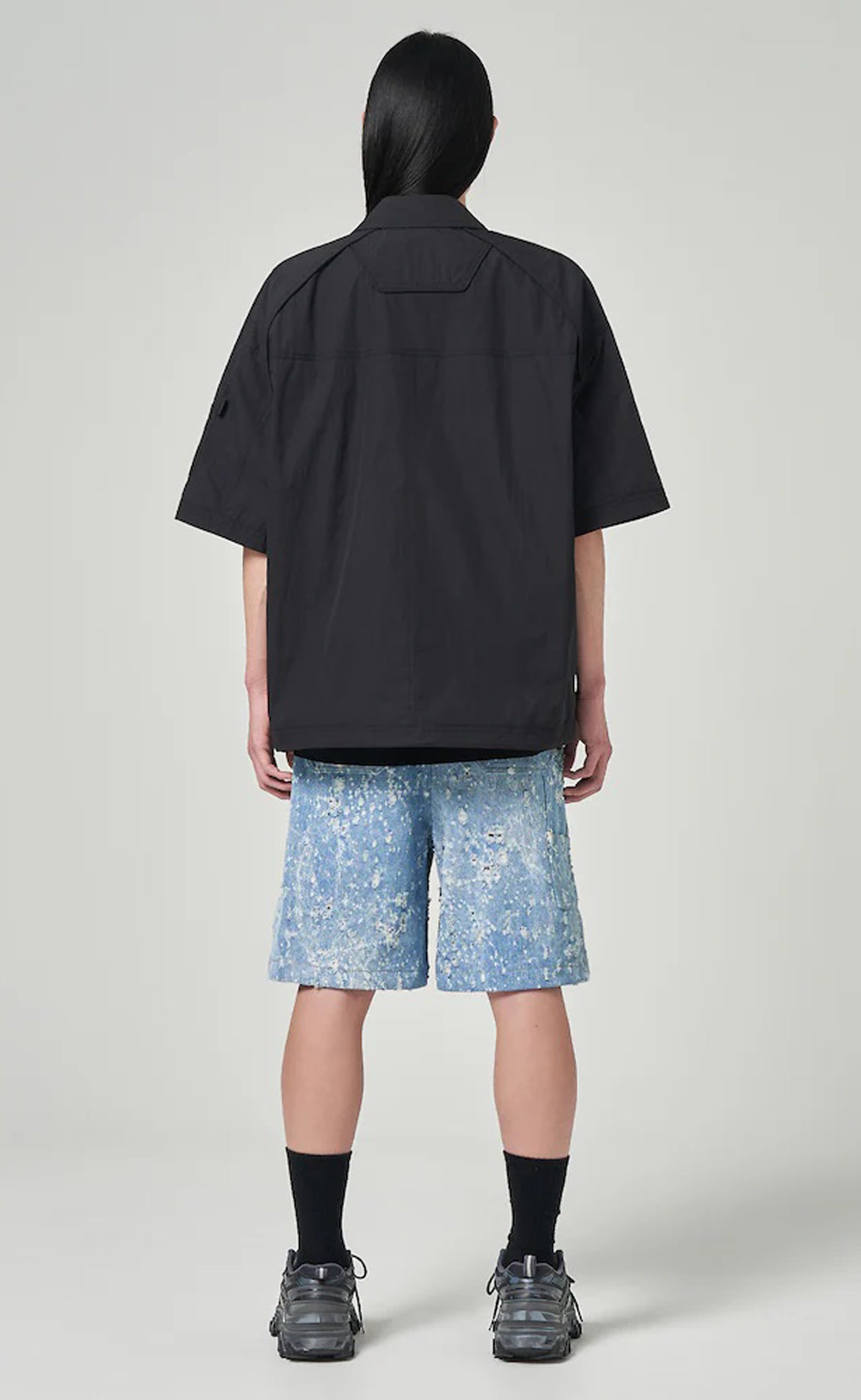 MILITARY SHORT SLEEVE ZIP-UP BLACK SHIRTS