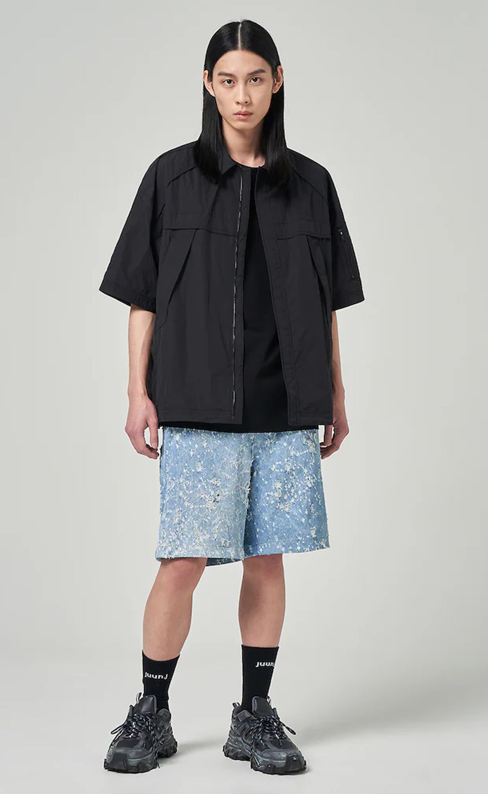 MILITARY SHORT SLEEVE ZIP-UP BLACK SHIRTS
