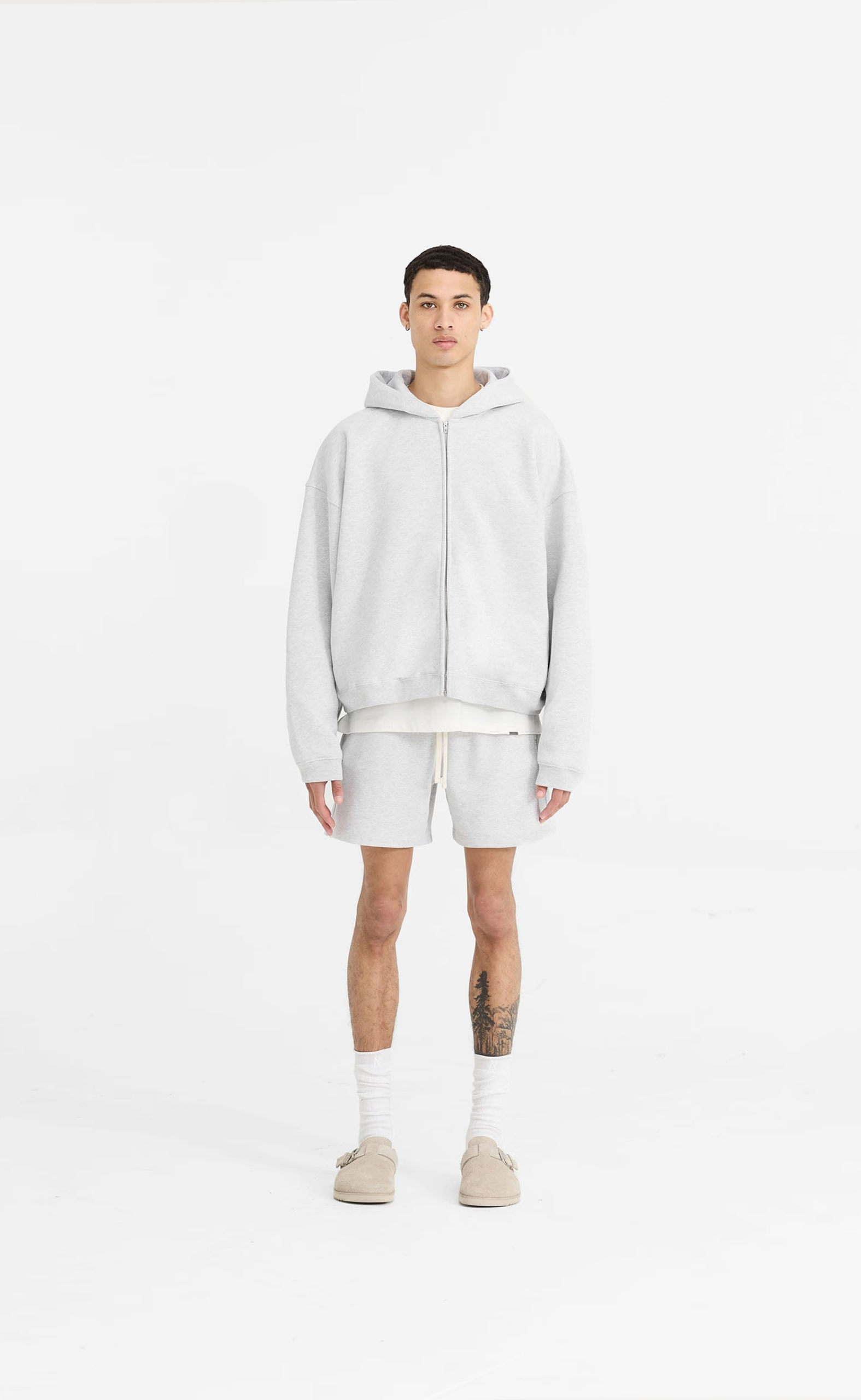 INITIAL BOXY OVERSIZED ZIP THROUGH ICE GREY MARL HOODIE
