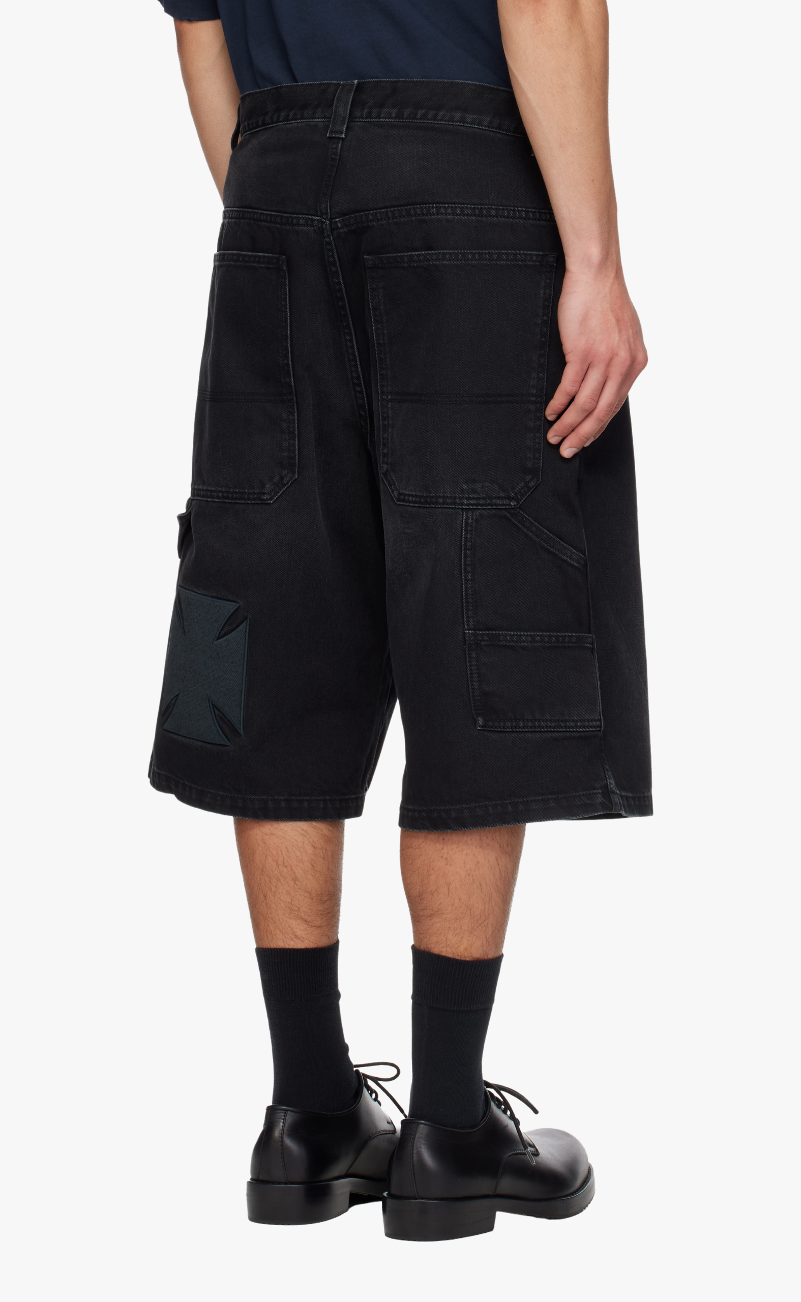 APLIQUE BIKER CROSS HIP-HOP WASHED BLACK SHORTS