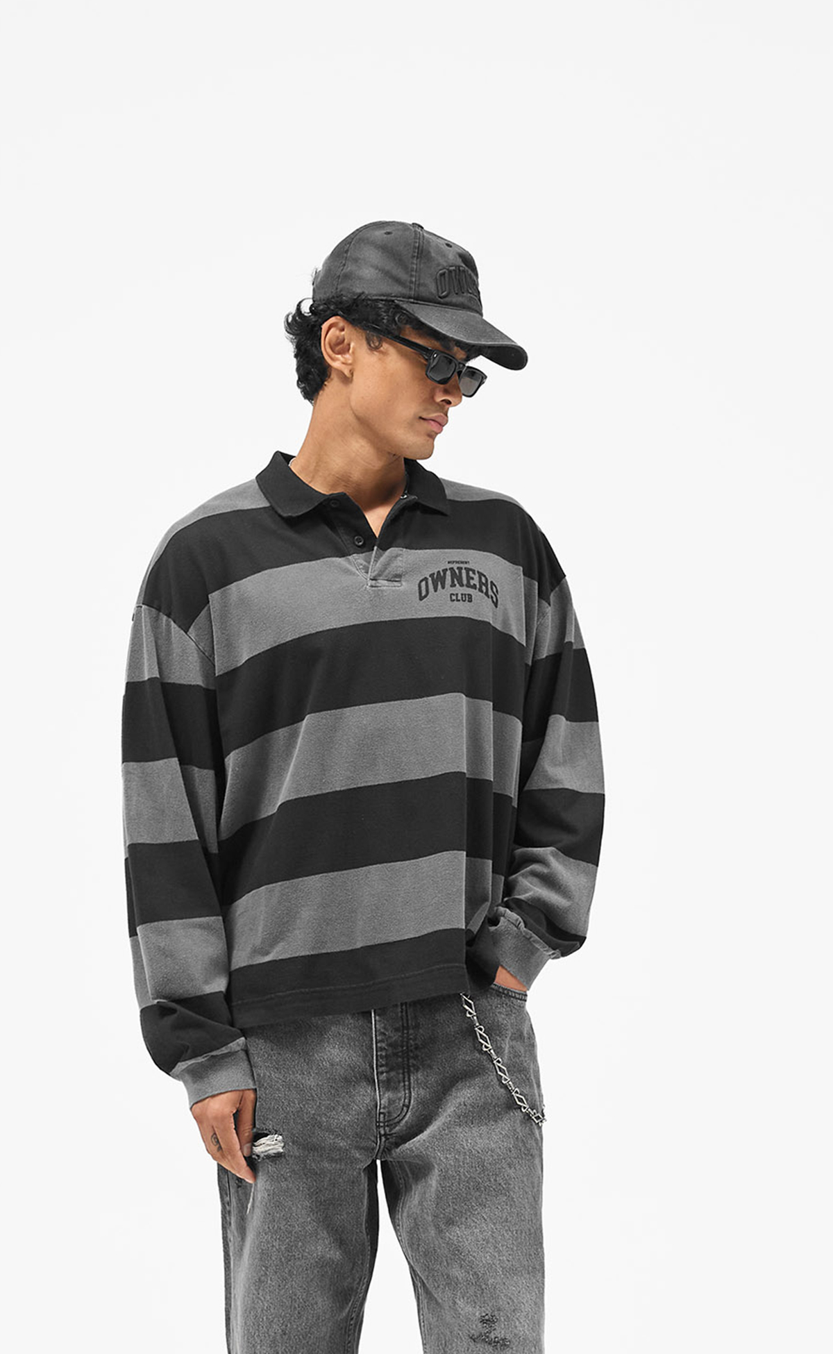 OWNERS RUGBY STRIPE POLO JET BLACK LONGSLEEVE