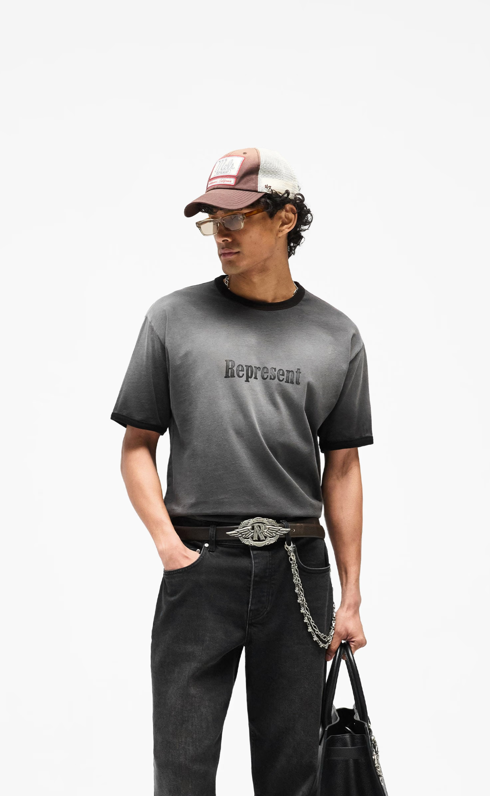 REPRESENT RINGER STAINED BLACK T-SHIRT
