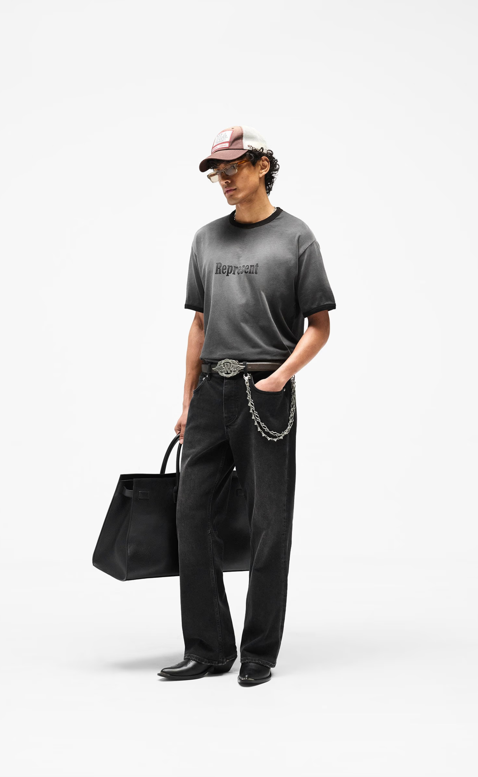 REPRESENT RINGER STAINED BLACK T-SHIRT