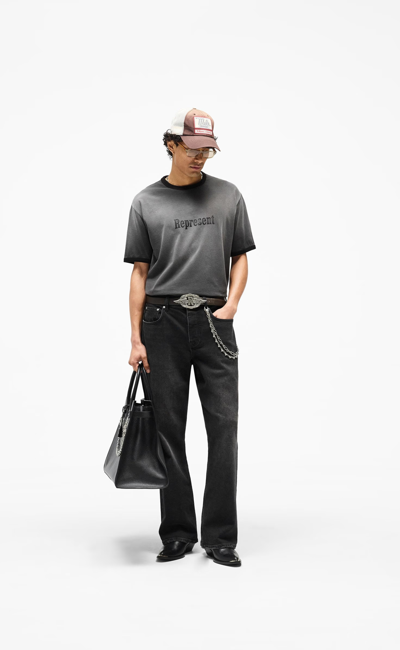 REPRESENT RINGER STAINED BLACK T-SHIRT