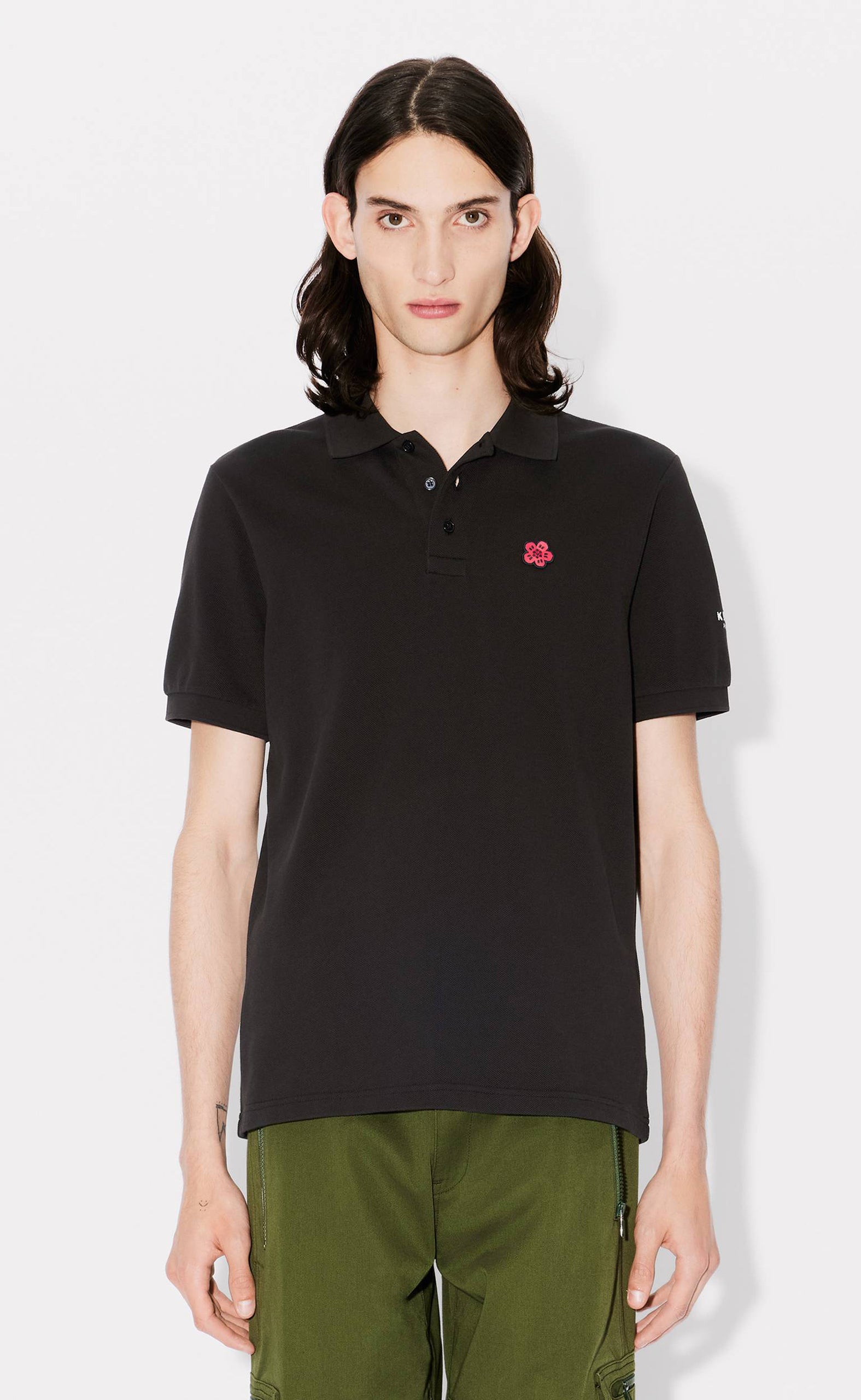 GOTS BOKE FLOWER SLIM POLO BLACK T-SHIRT