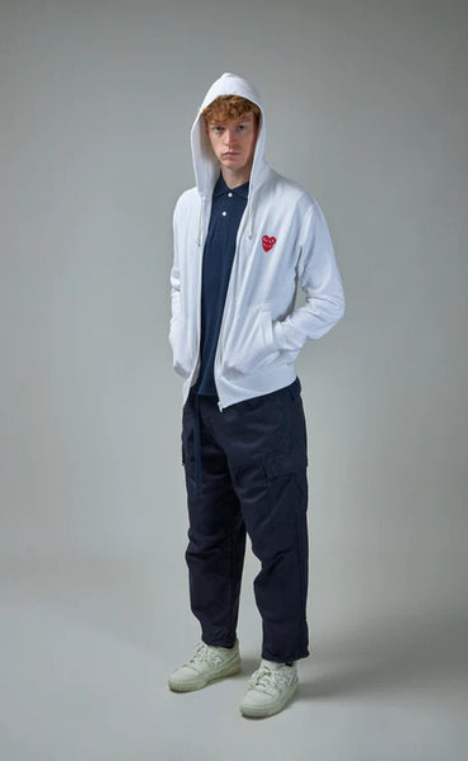 Play Comme des Garçons Hooded Sweatshirt with Double Red Heart - White