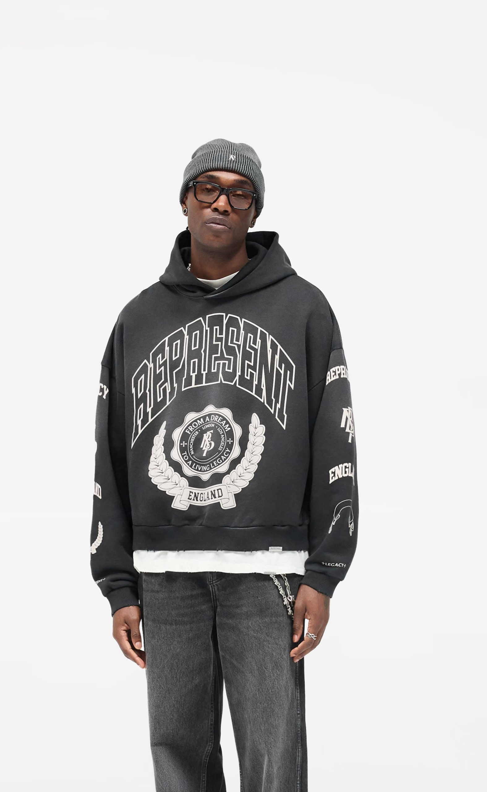 REPRESENT LEGACY CREST STAINED BLACK HOODIE
