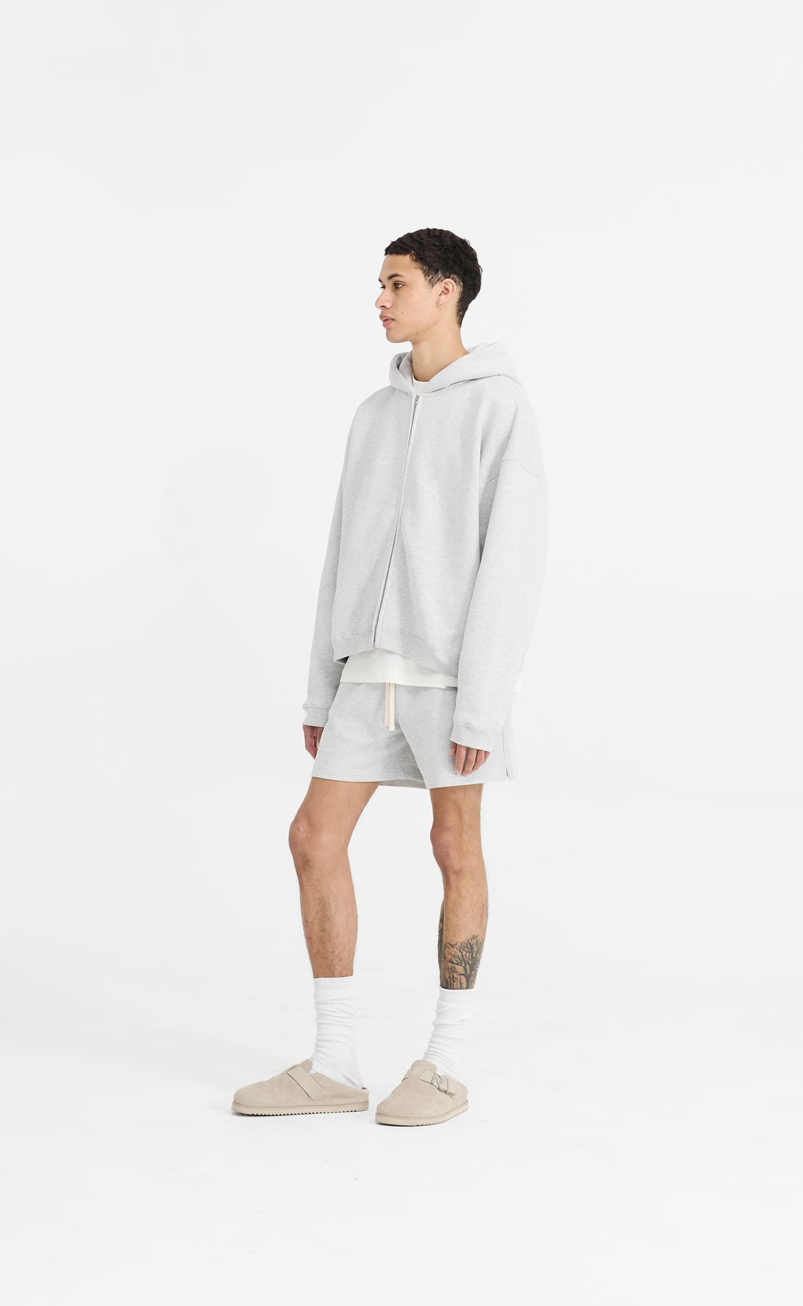 INITIAL BOXY OVERSIZED ZIP THROUGH ICE GREY MARL HOODIE