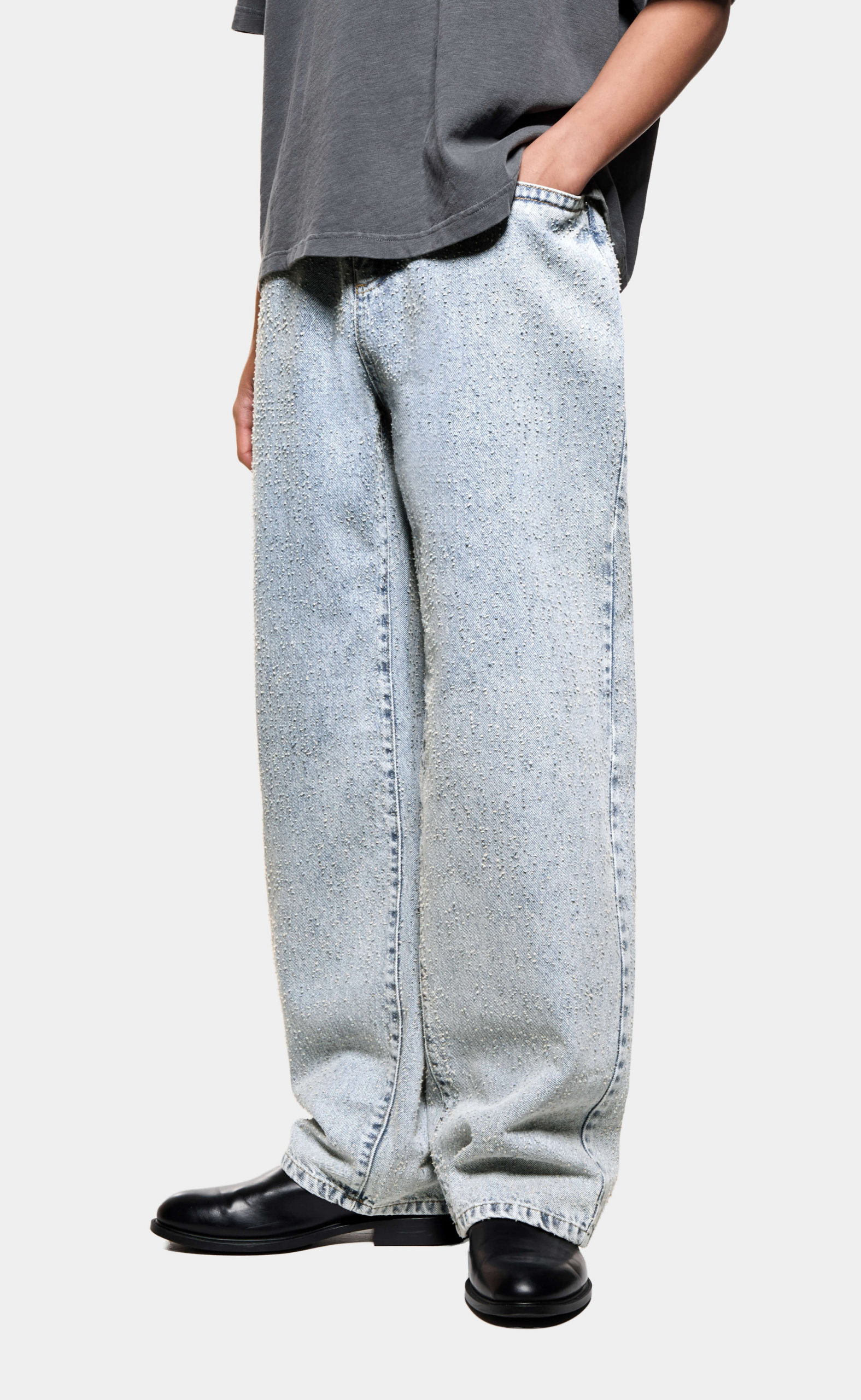 TWISTED WEAVE WIDE LEG BLEACH WASH JEANS