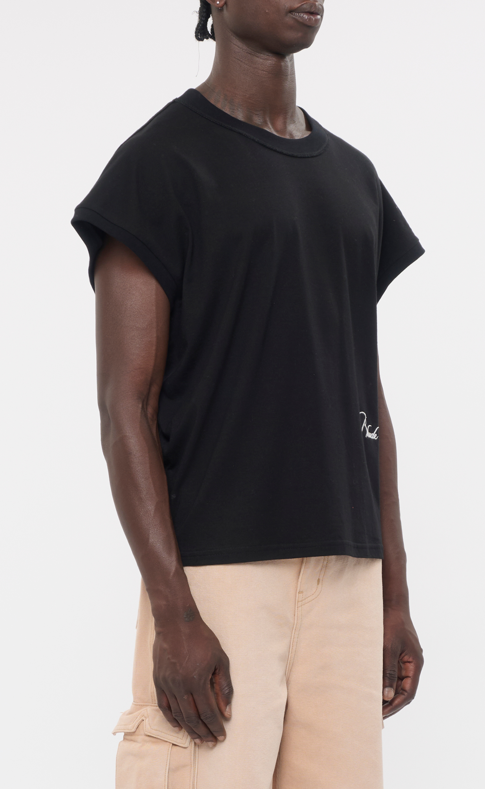 CLASSIQUE BOTTOM LOGO CUTOFF SLEEVE BLACK WHITE T-SHIRT