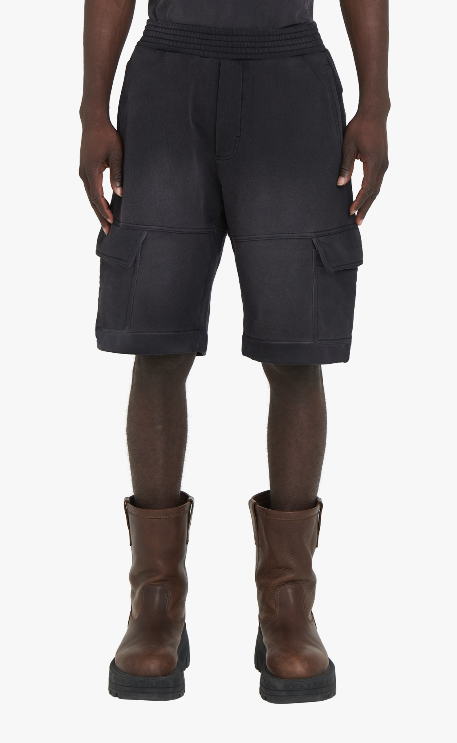 FLEECE GARMENT DYE CARGO BLACK SHORTS