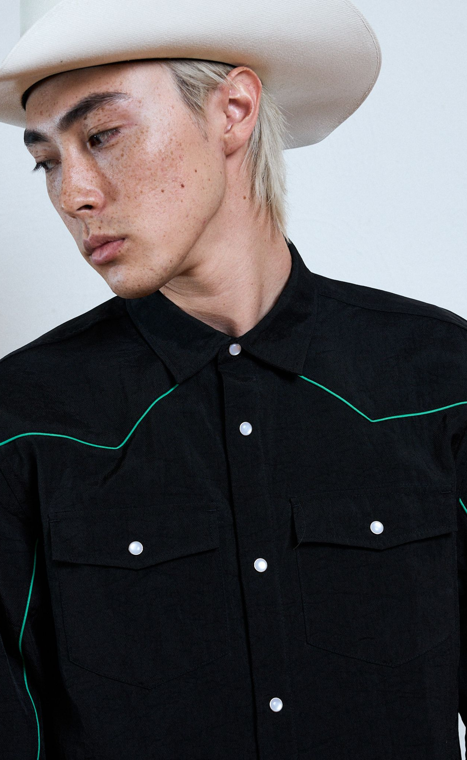 NYLON WESTERN BUTTON UP BLACK SHIRT