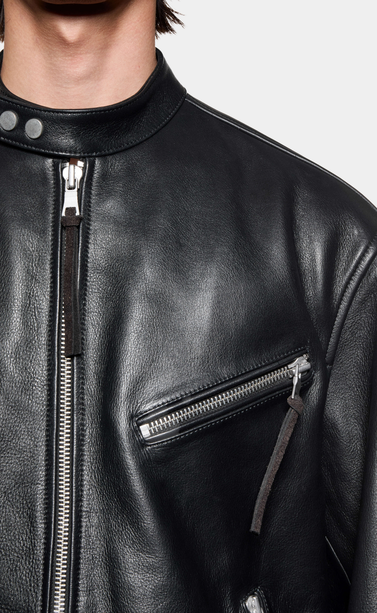 CROPPED LEATHER RACER BLACK JACKET