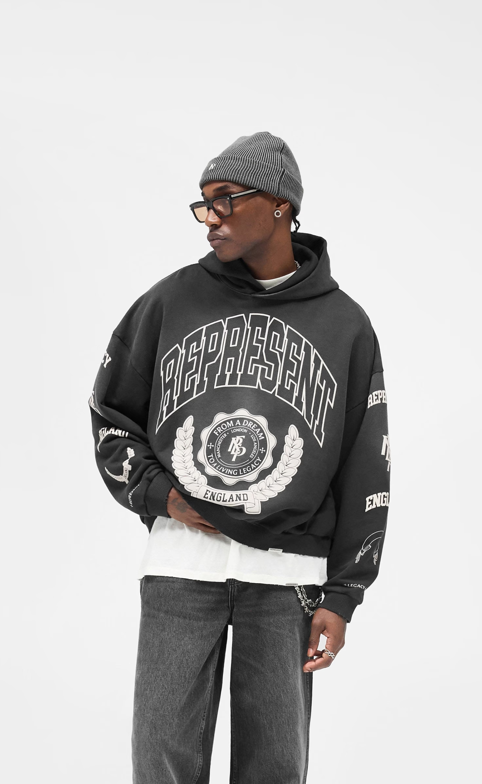 REPRESENT LEGACY CREST STAINED BLACK HOODIE