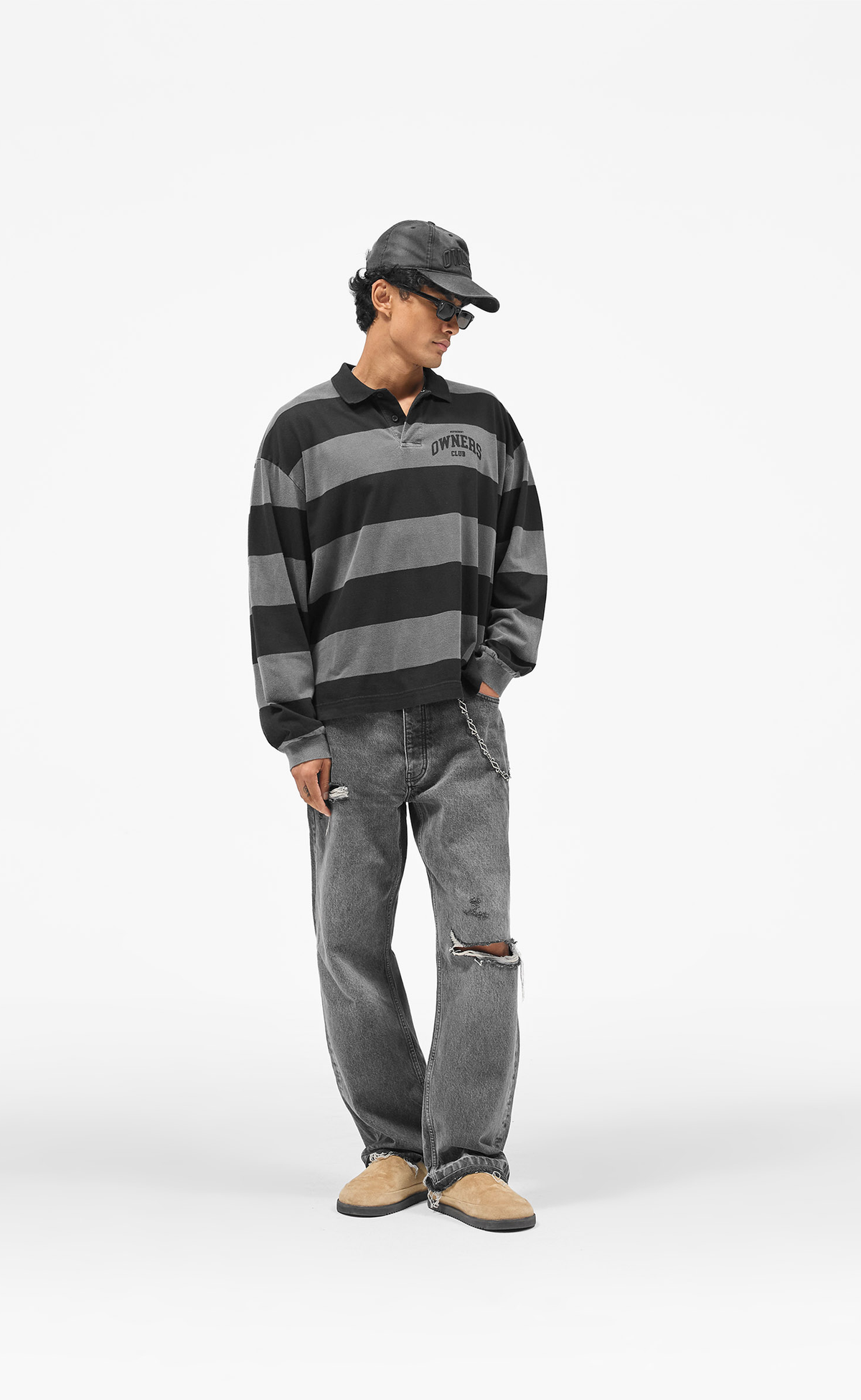 OWNERS RUGBY STRIPE POLO JET BLACK LONGSLEEVE