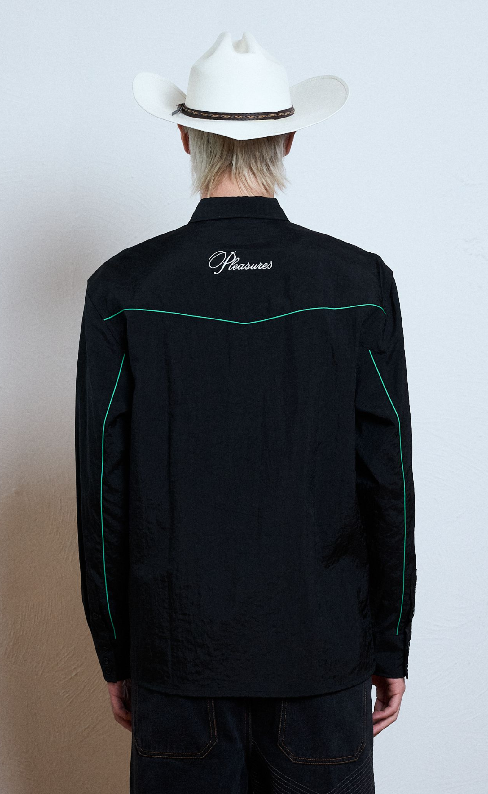 NYLON WESTERN BUTTON UP BLACK SHIRT