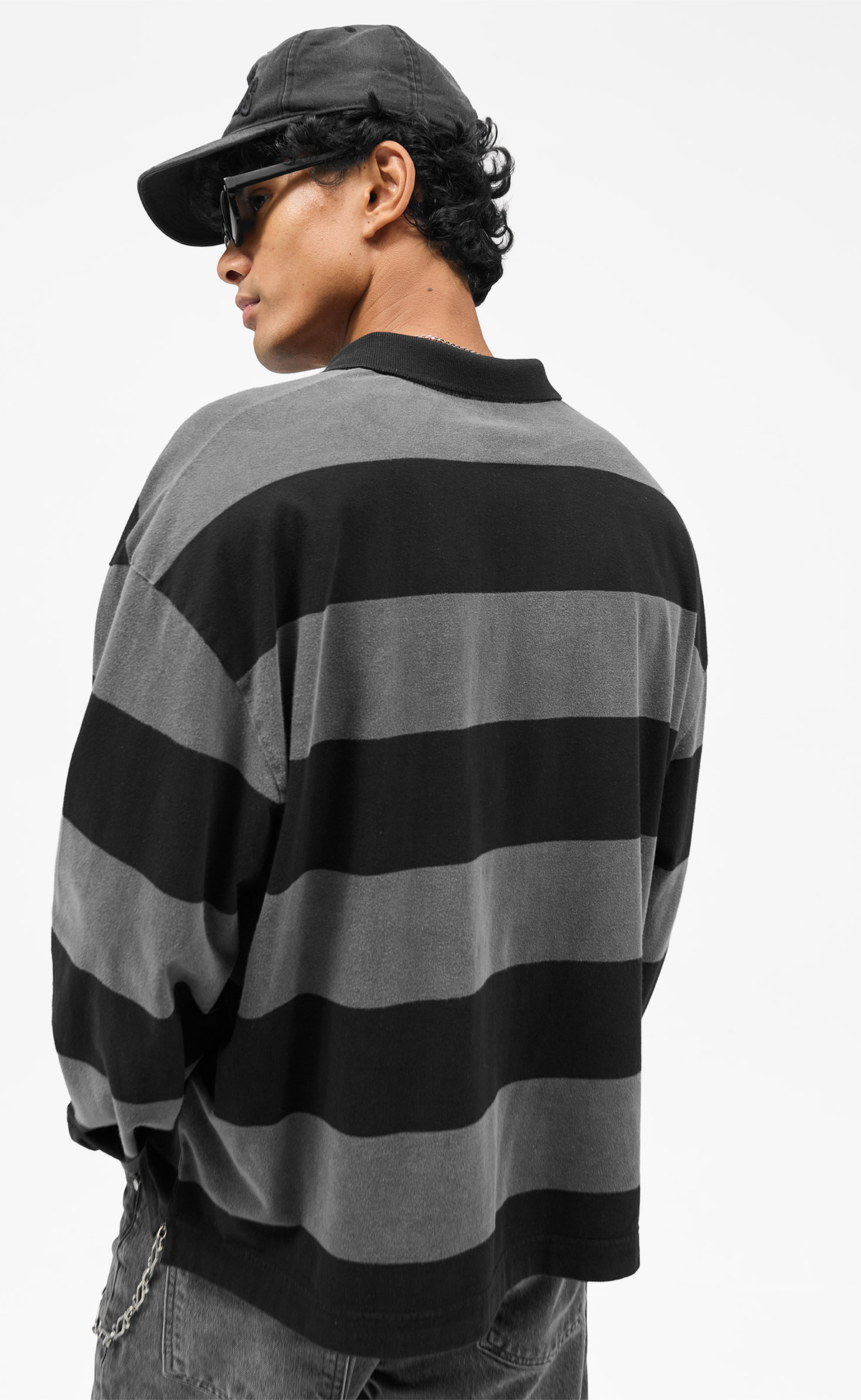 OWNERS RUGBY STRIPE POLO JET BLACK LONGSLEEVE