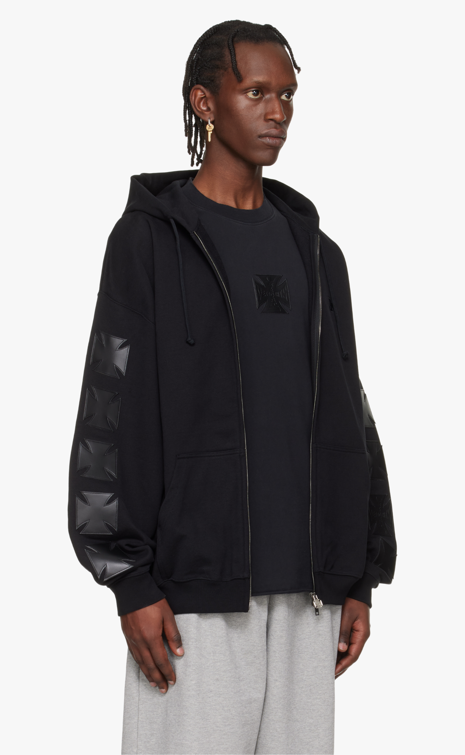 LEATHER BIKER CROSS BLACK ZIP-UP HOODIE