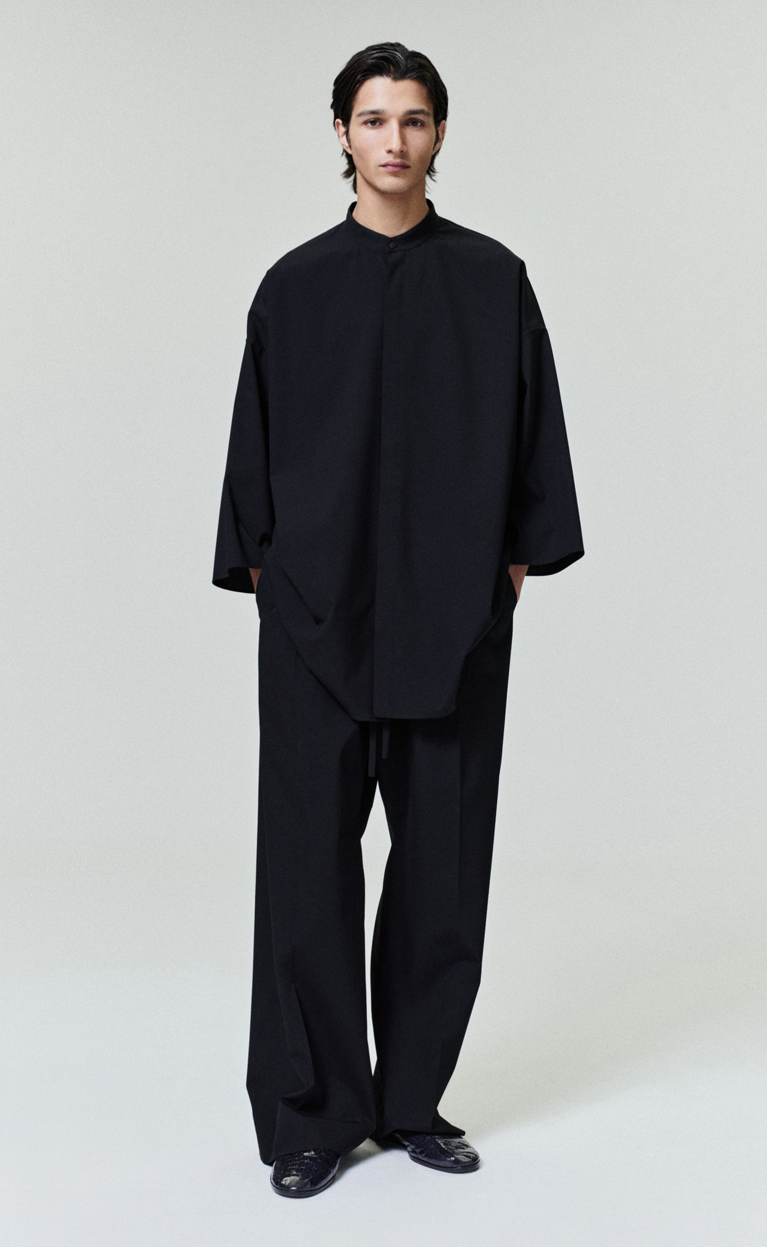 OXFORD WIDE LEG DRAWSTRING BLACK PANTS