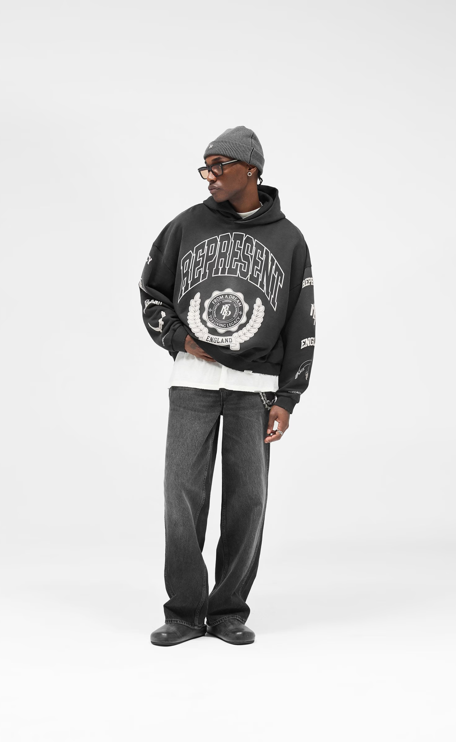 REPRESENT LEGACY CREST STAINED BLACK HOODIE