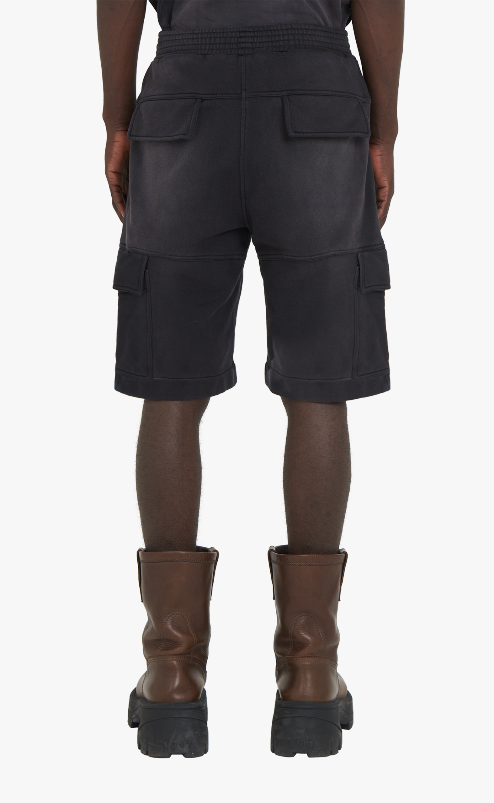 FLEECE GARMENT DYE CARGO BLACK SHORTS