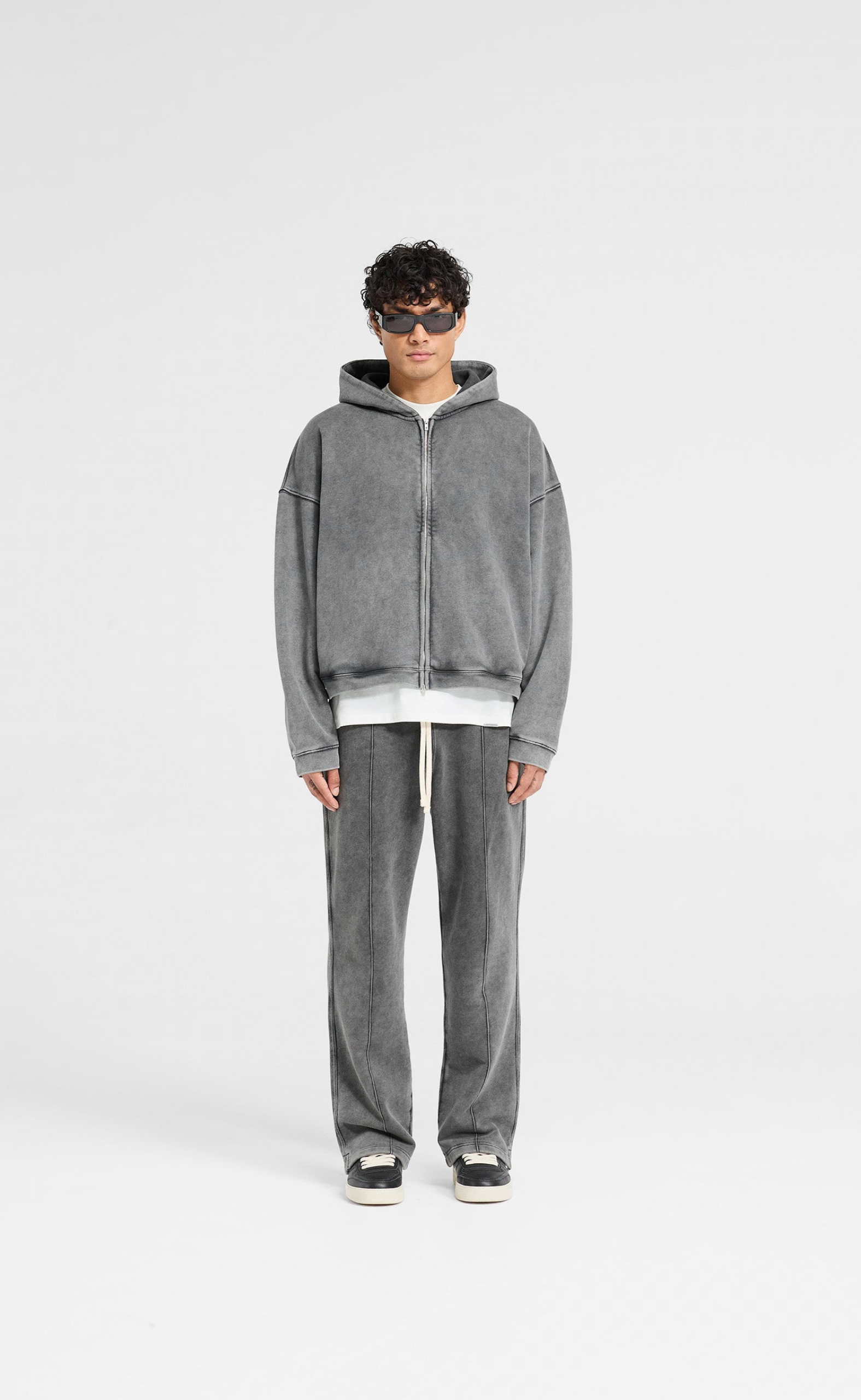INITIAL BOXY OVERSIZED ZIP THROUGH VINTAGE GREY HOODIE