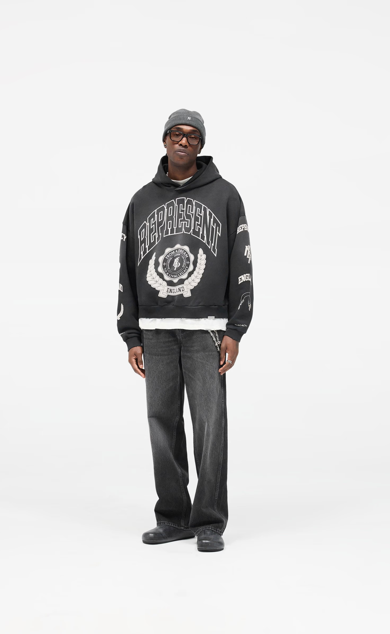 REPRESENT LEGACY CREST STAINED BLACK HOODIE