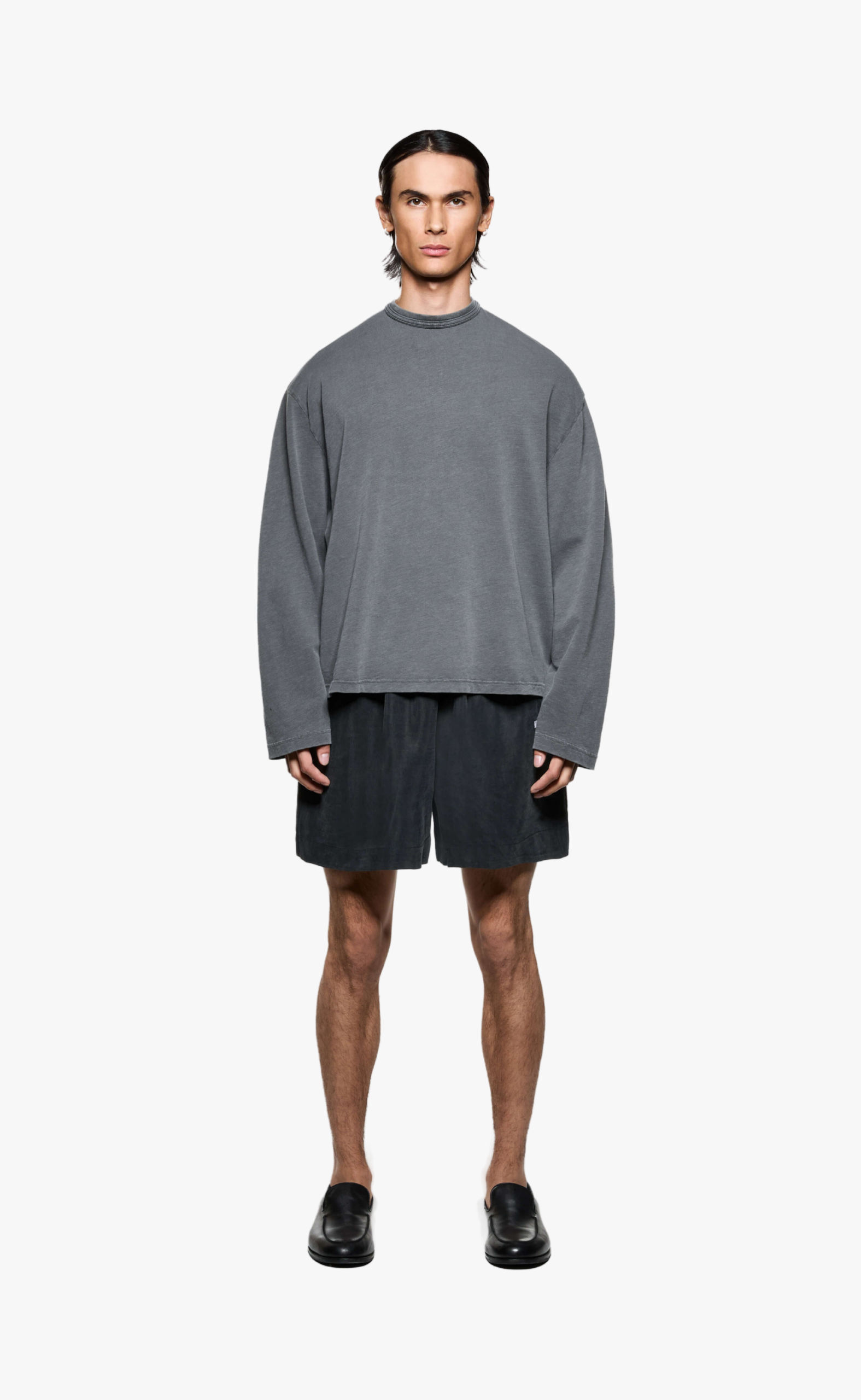 RIBBED CURPO WIDE LEG SUEDED BLACK SHORTS