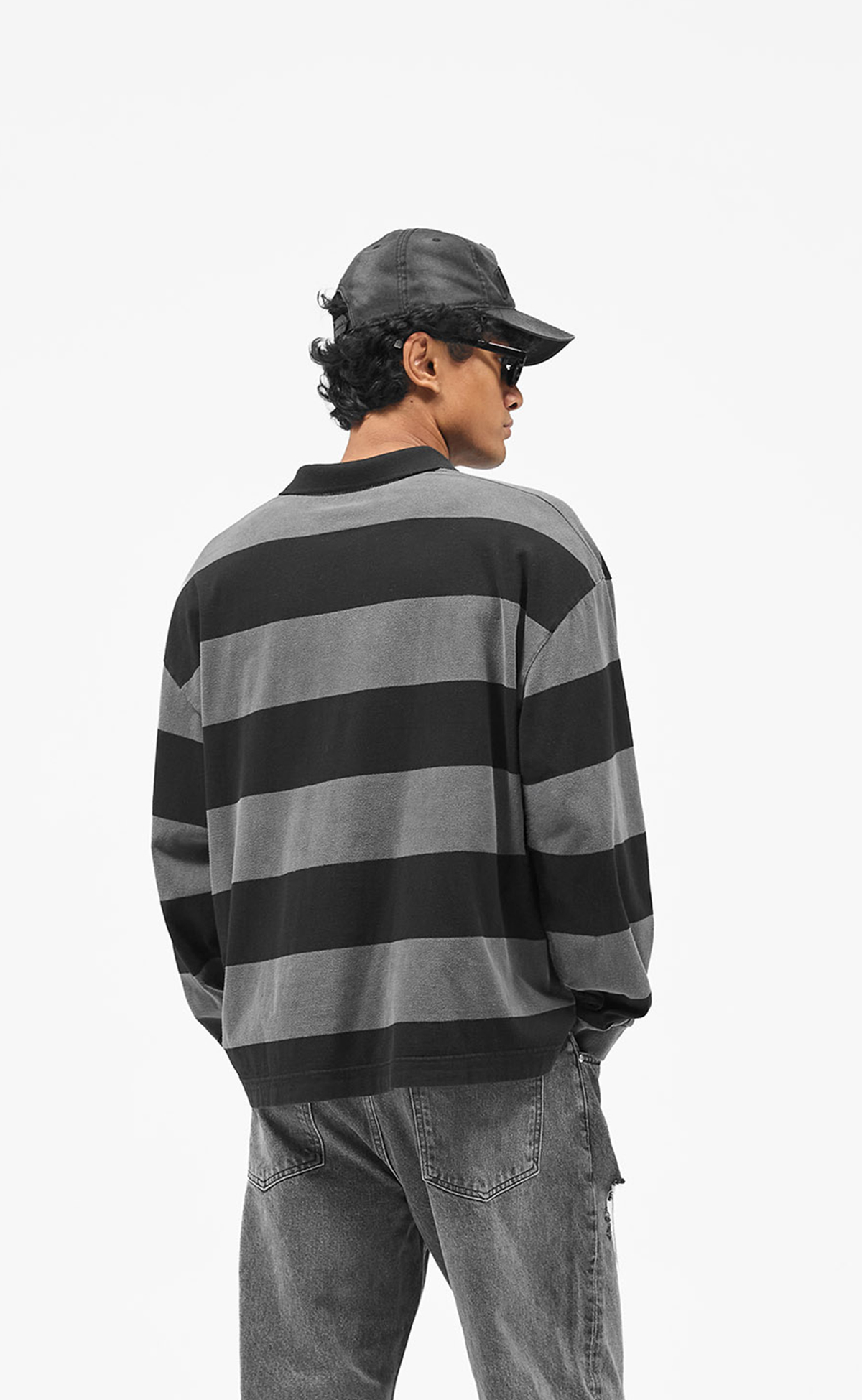 OWNERS RUGBY STRIPE POLO JET BLACK LONGSLEEVE