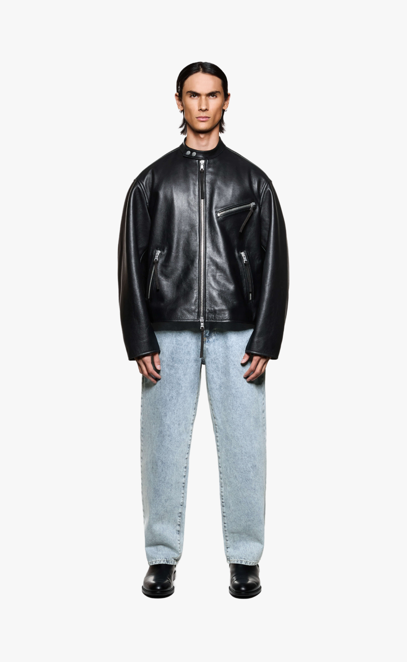 CROPPED LEATHER RACER BLACK JACKET