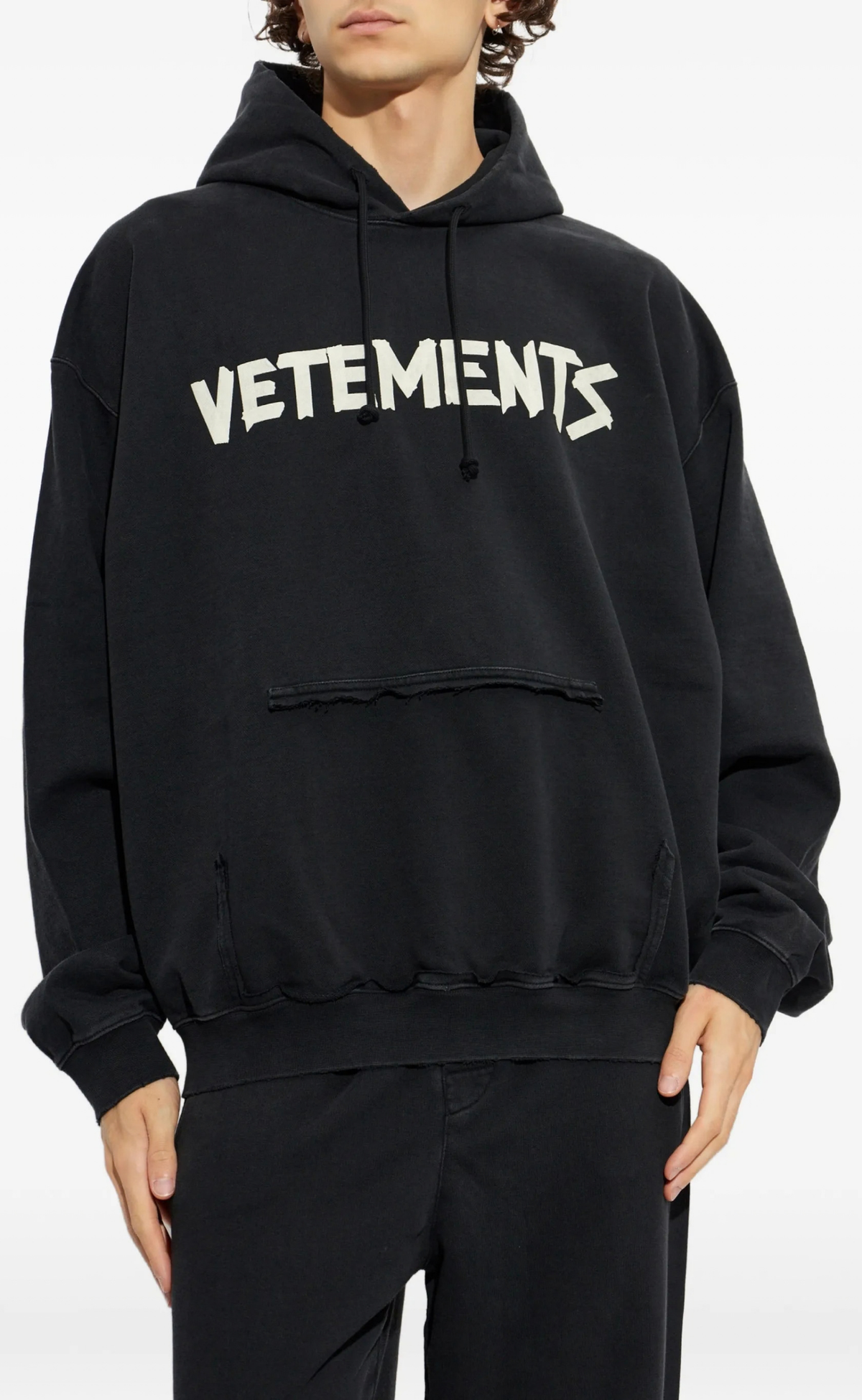 TAPE LOGO DESTROYED FADED BLACK HOODIE