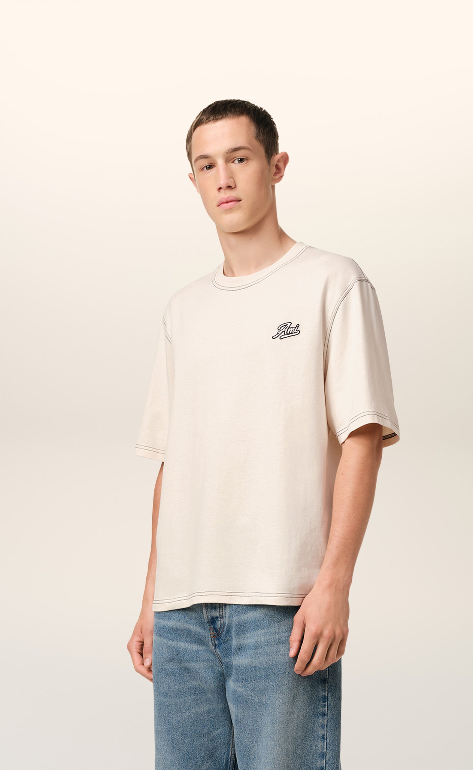 AMI SIGNATURE WHITE CREAM T-SHIRT