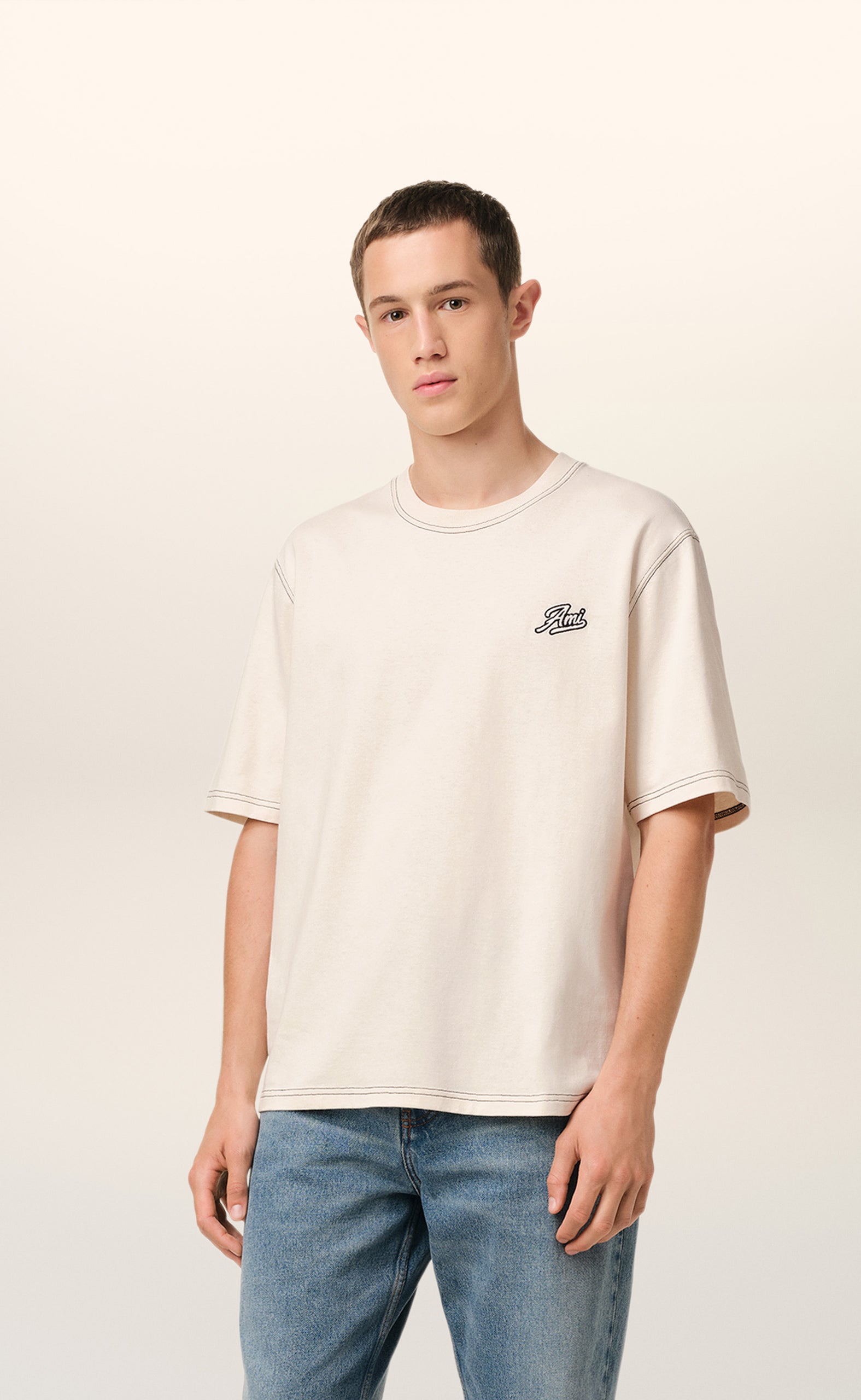 AMI SIGNATURE WHITE CREAM T-SHIRT
