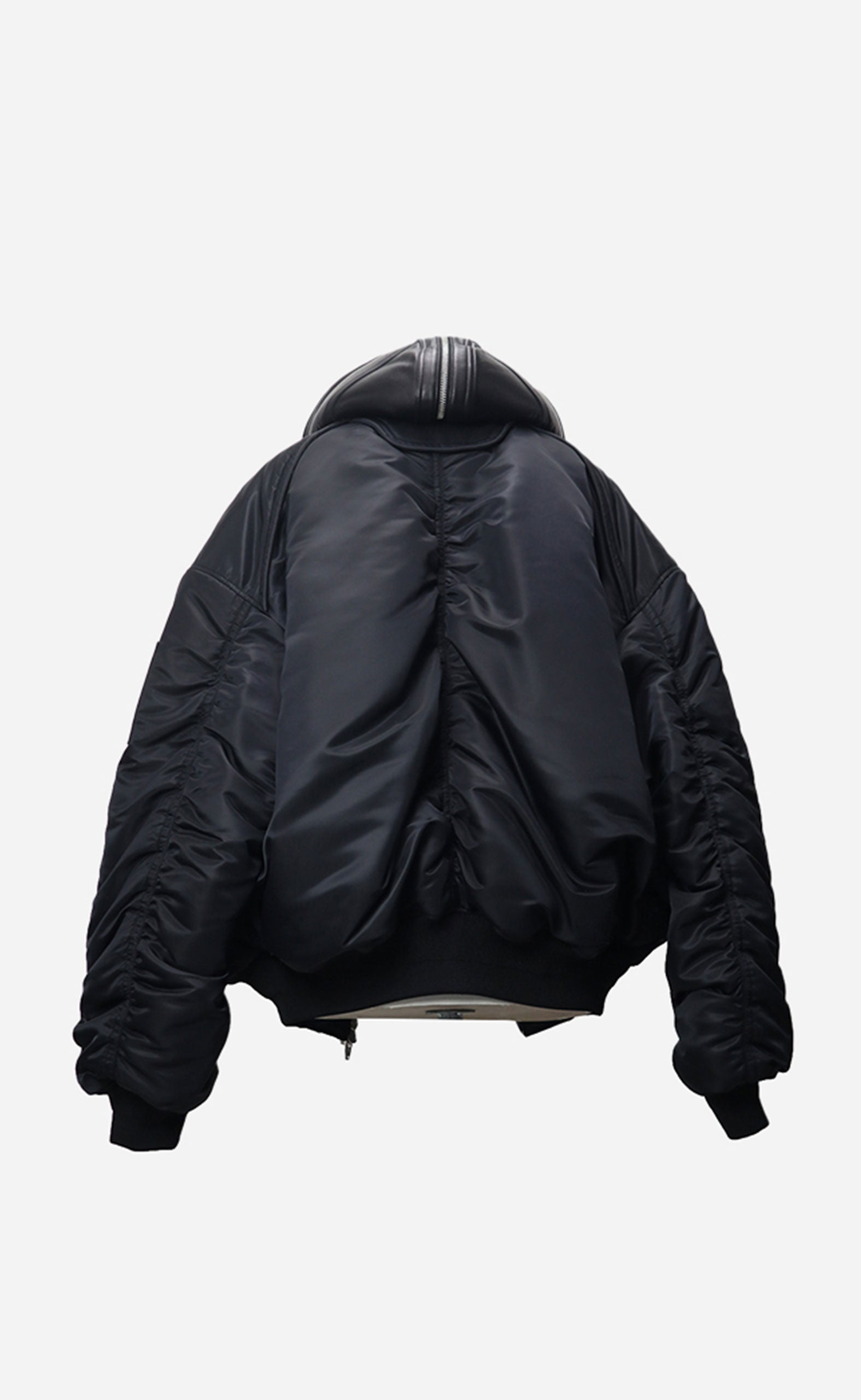 BLACK HOODY ZIPPER LAYERED MA-1 LEATHER JUMPER