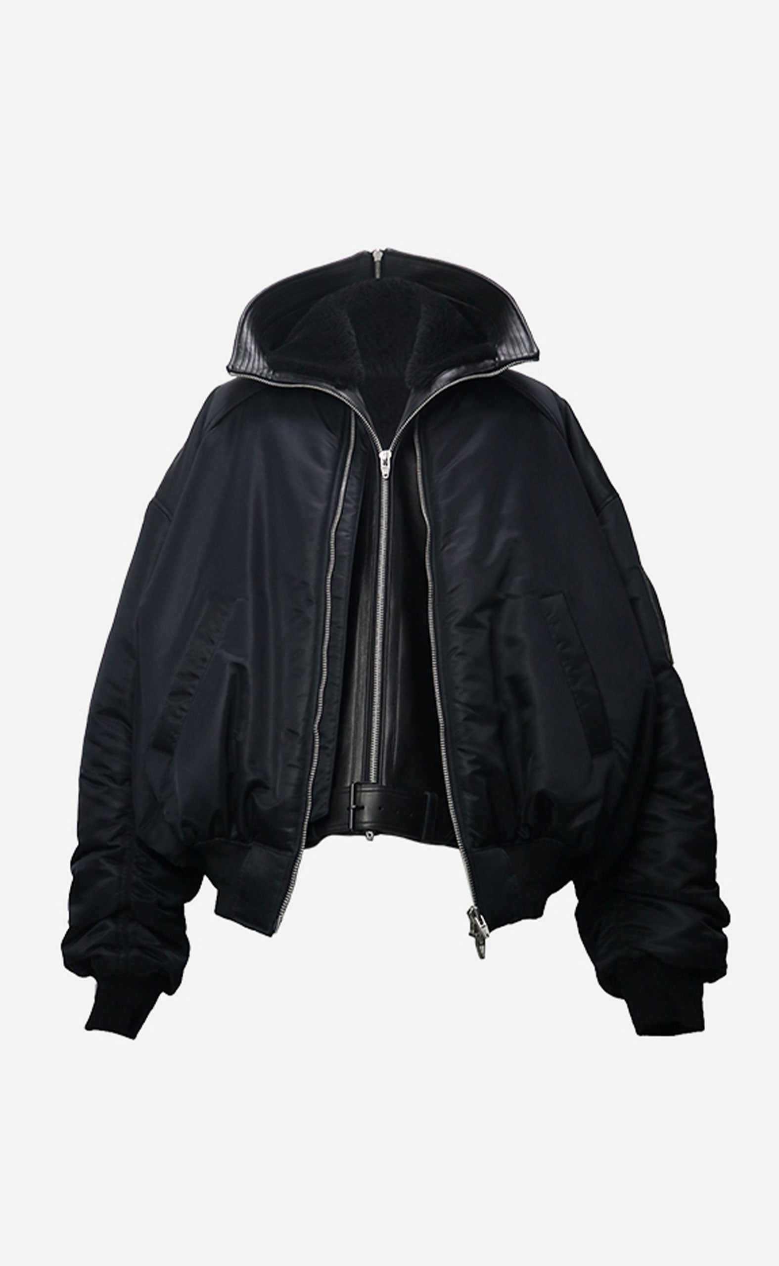 BLACK HOODY ZIPPER LAYERED MA-1 LEATHER JUMPER