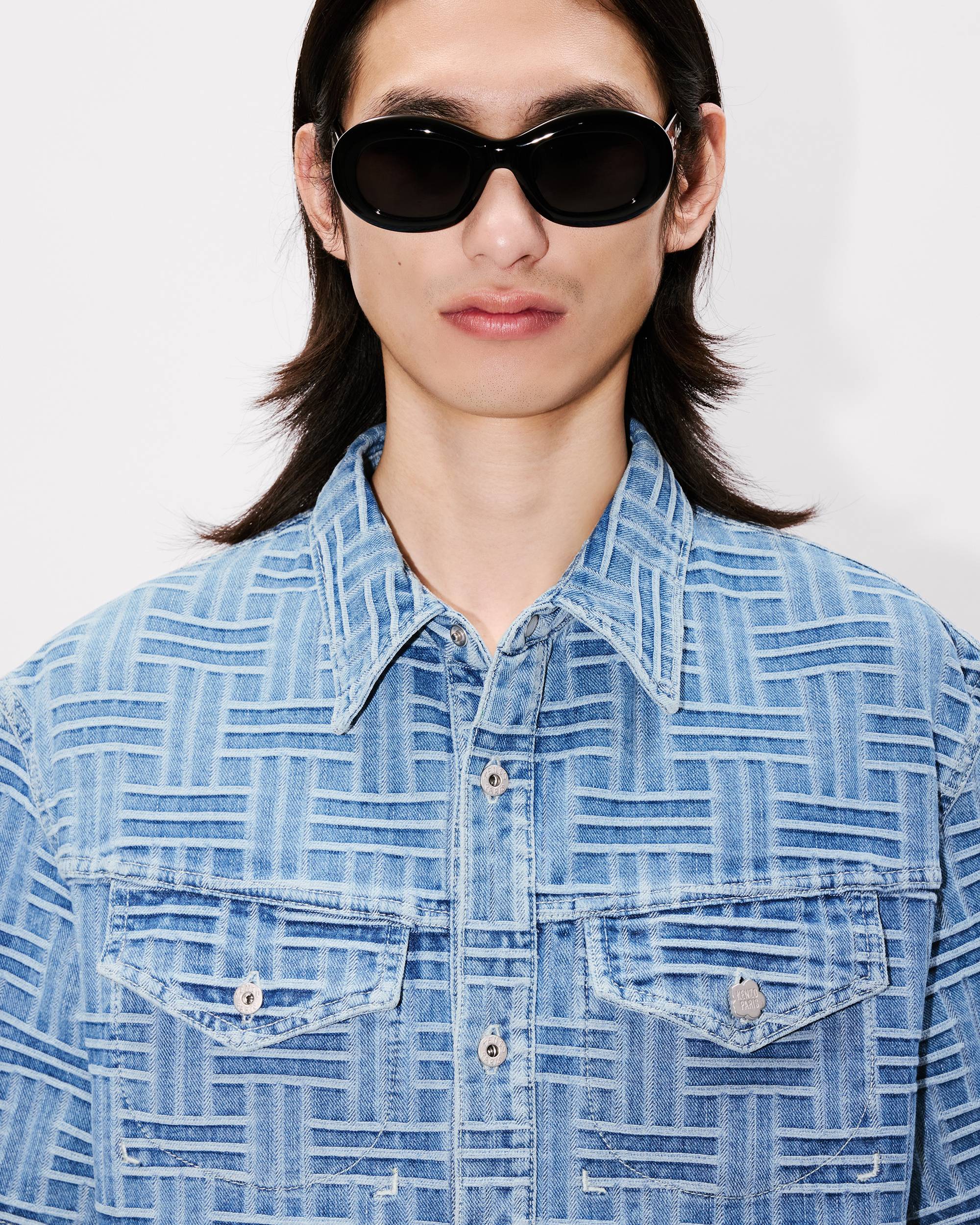 KENZO WEAVE SHORT SLEEVE BLUE DENIM SHIRT