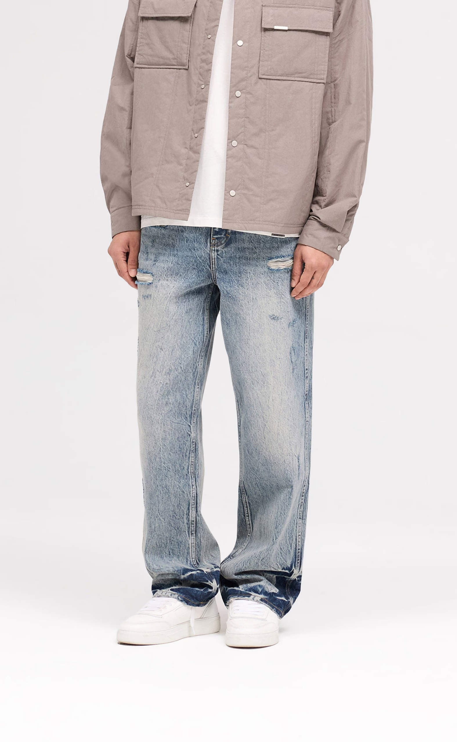 R3 DISTRESSED BAGGY BLUE CREAM JEANS