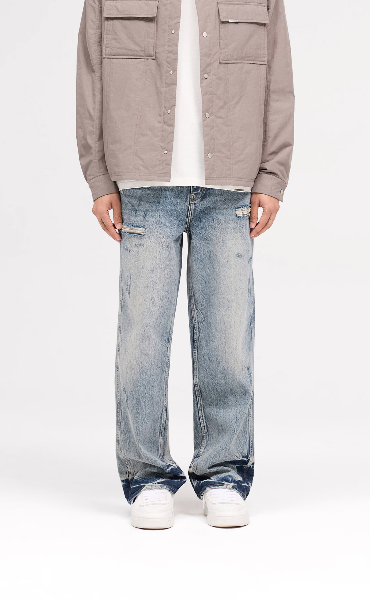 R3 DISTRESSED BAGGY BLUE CREAM JEANS