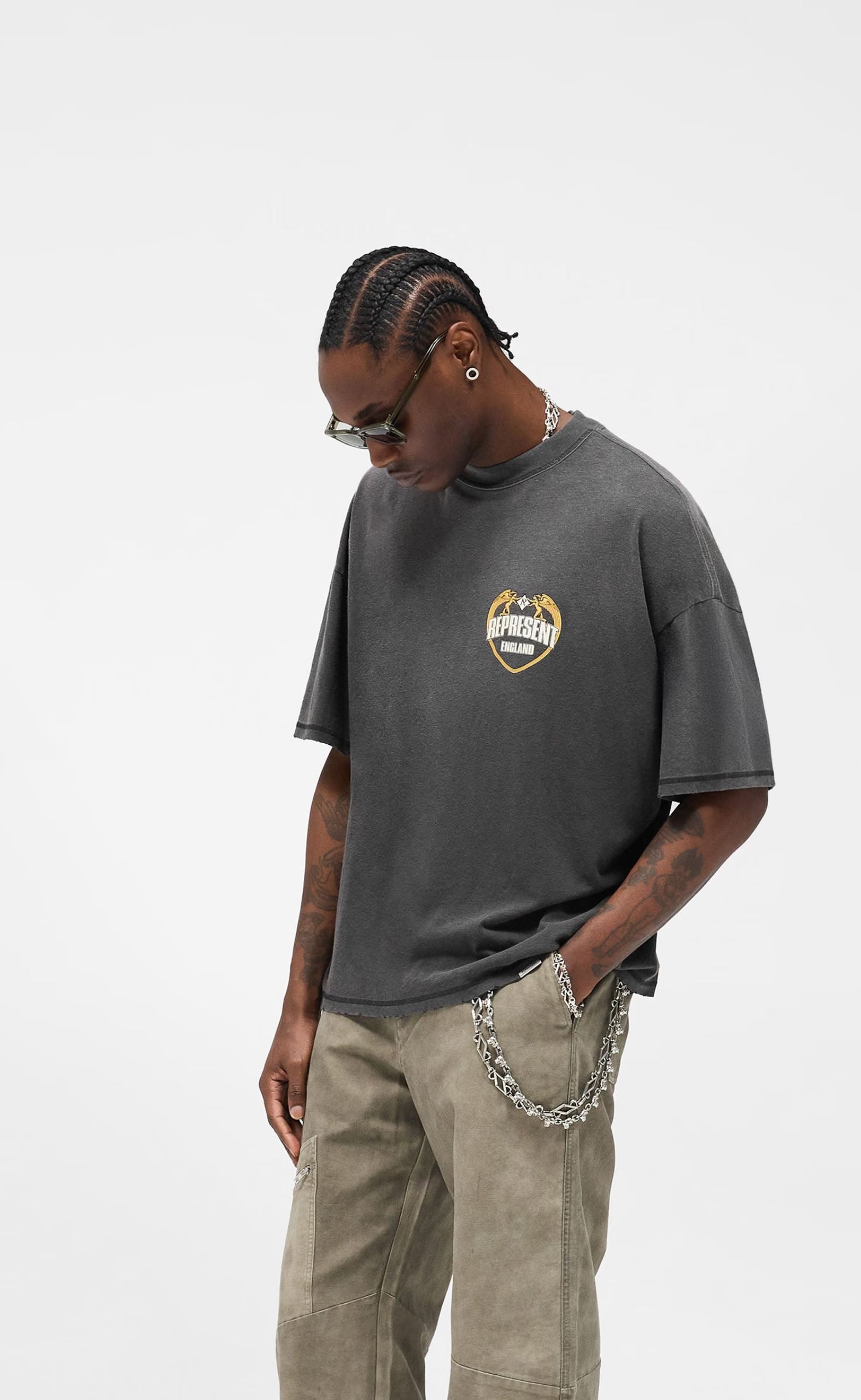 REPRESENT ANGEL BORDER STAINED BLACK T-SHIRT