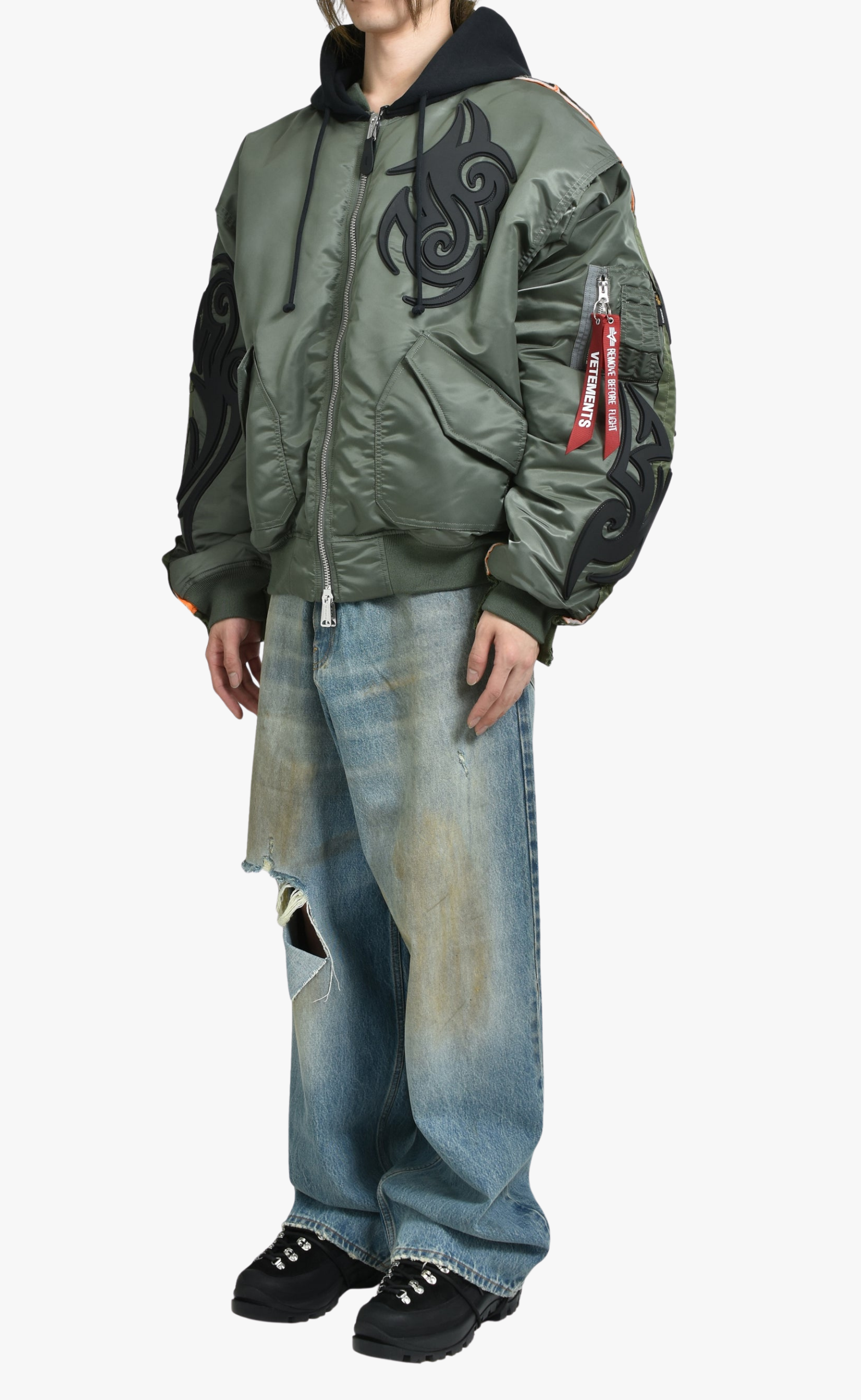 TRIBAL REWORKED BOMBER GREEN BLACK JACKET