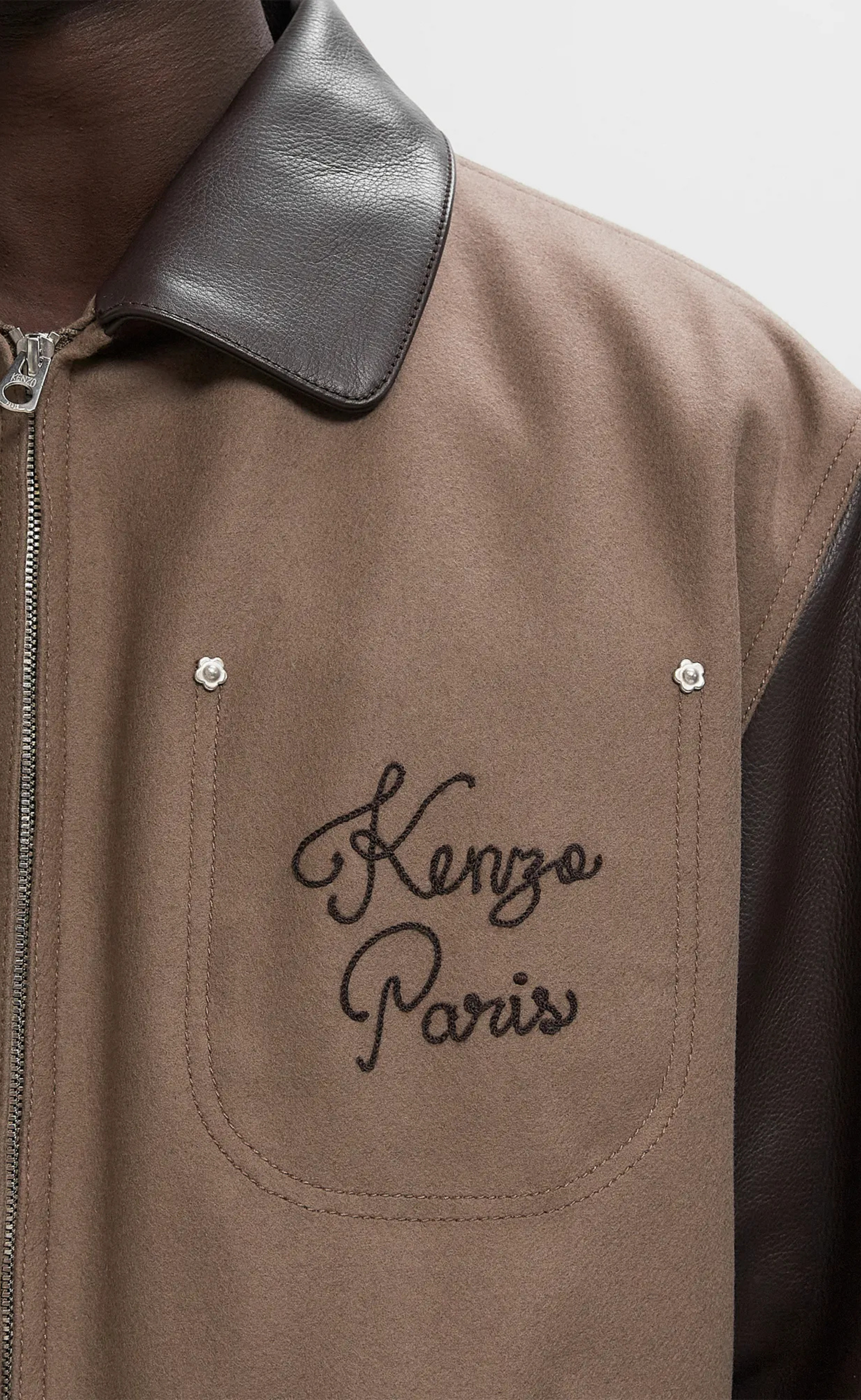 KENZO PARIS CHAINSTITCH LEATHER WOOL BLOUSON TAUPE JACKET