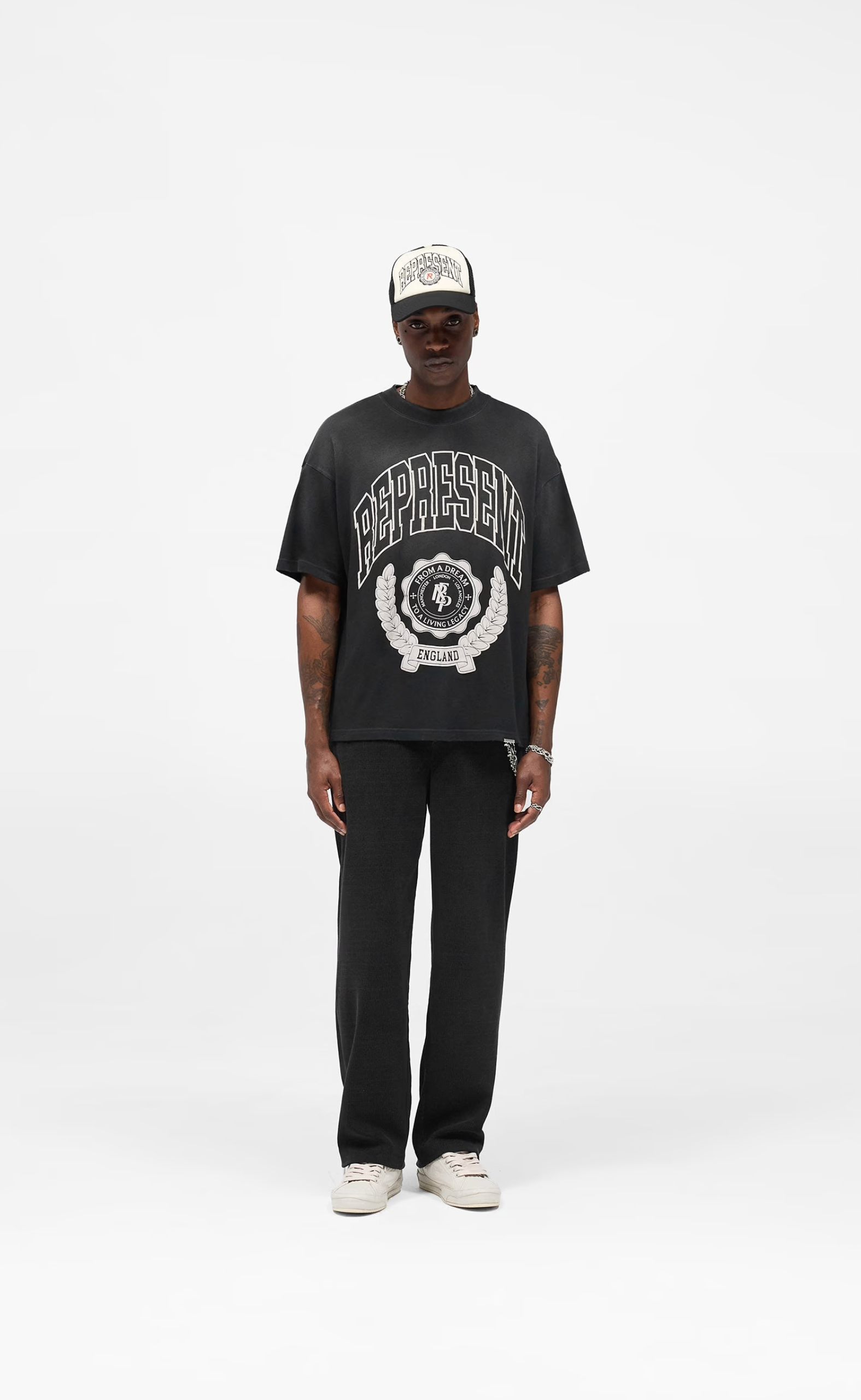 REPRESENT LEGACY CREST STAINED BLACK T-SHIRT