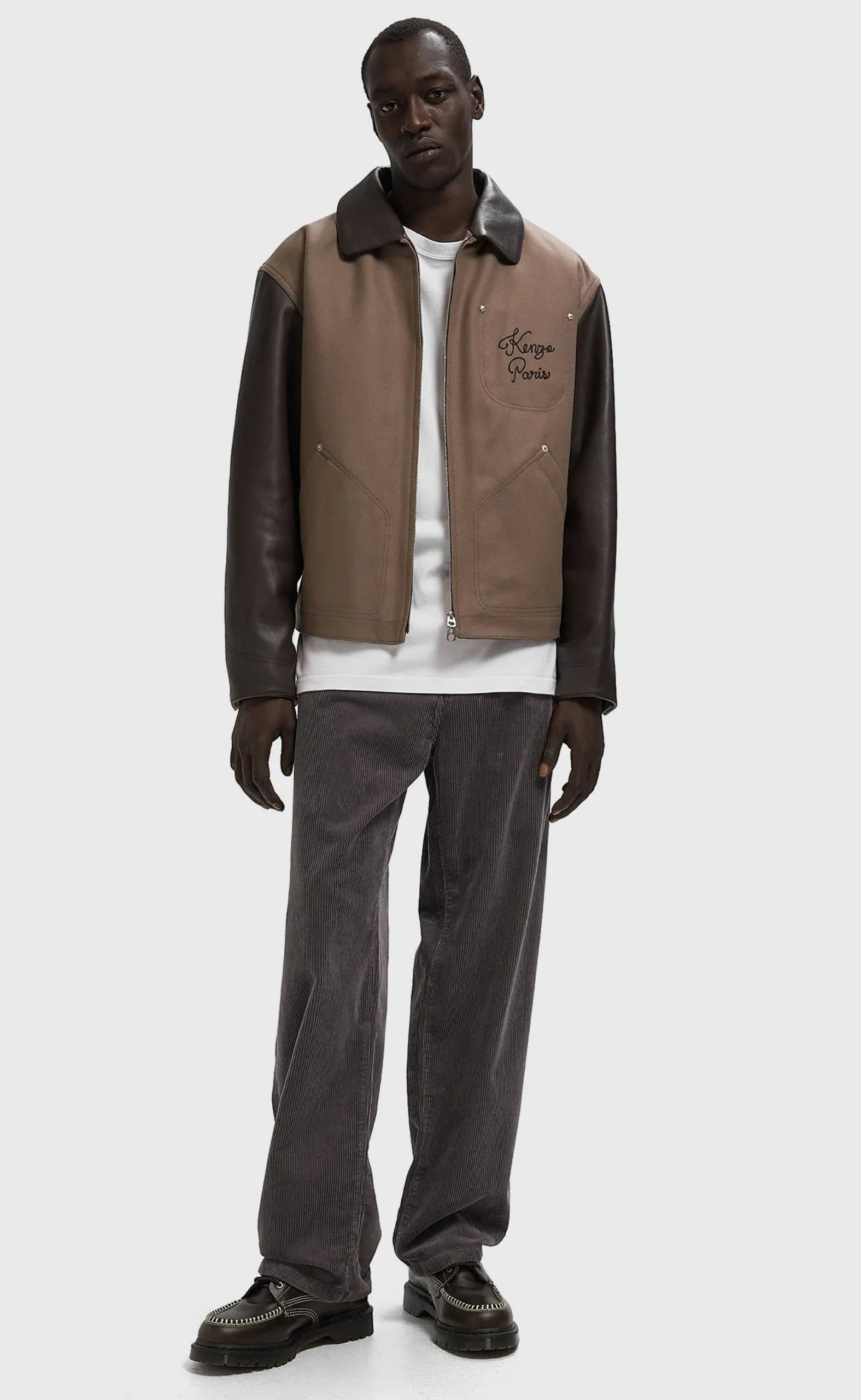 KENZO PARIS CHAINSTITCH LEATHER WOOL BLOUSON TAUPE JACKET