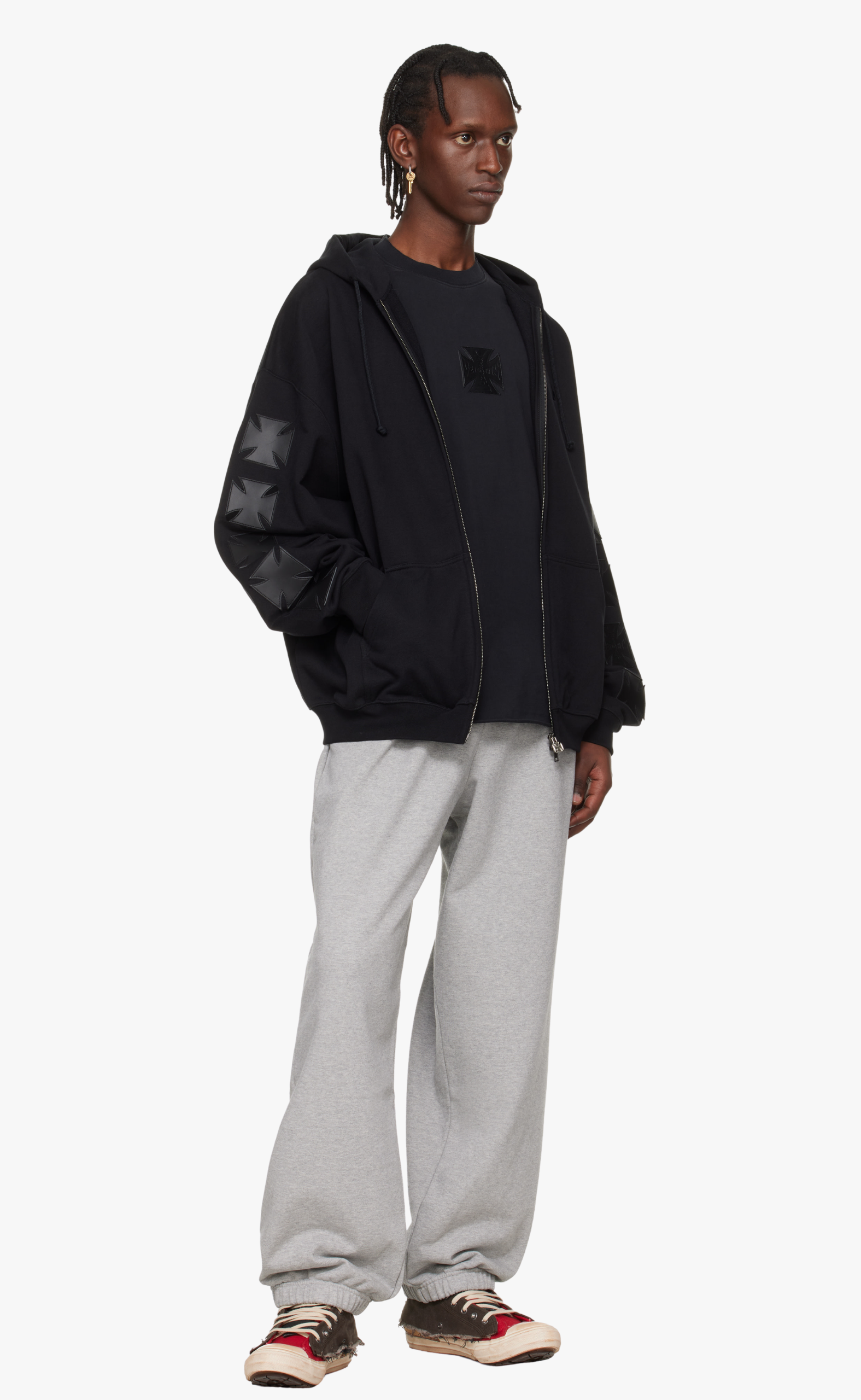 LEATHER BIKER CROSS BLACK ZIP-UP HOODIE