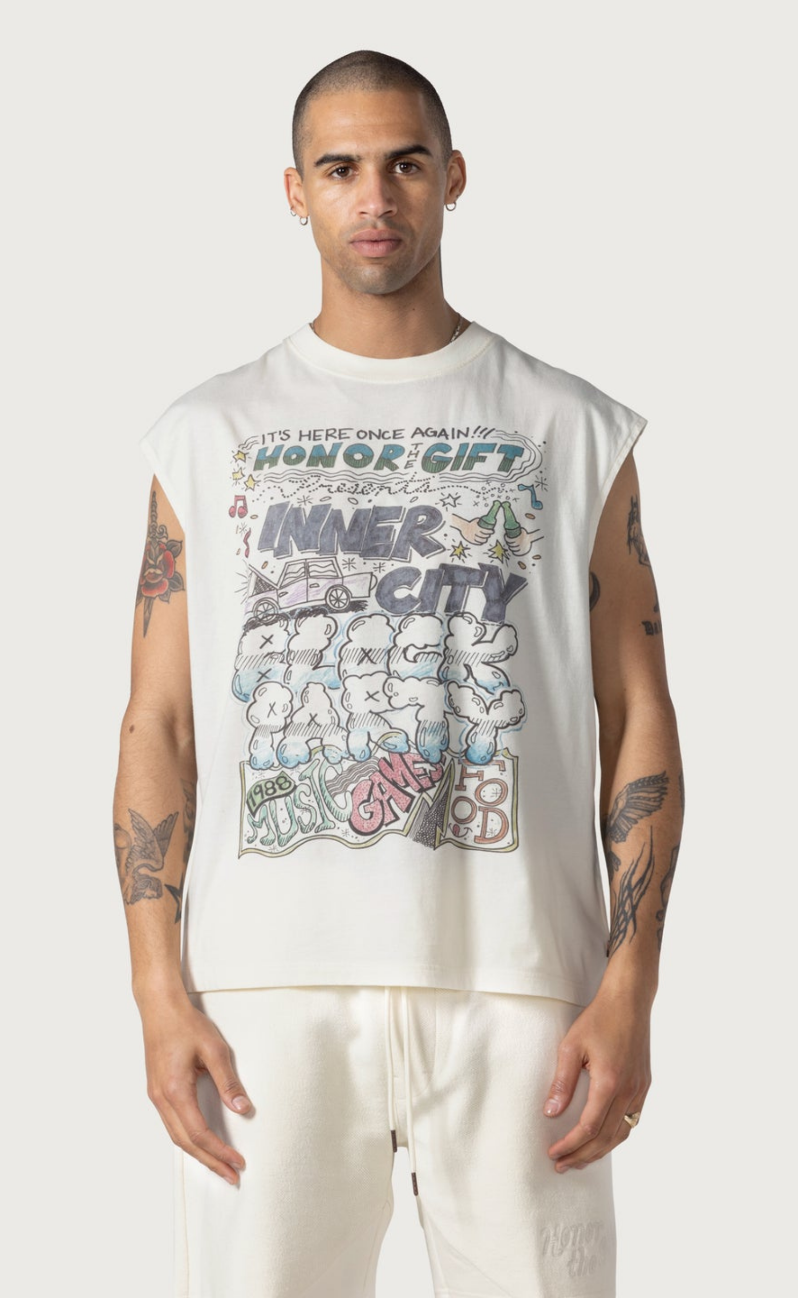 BLOCK PARTY CUT-OFF SLEEVELESS BONE T-SHIRT