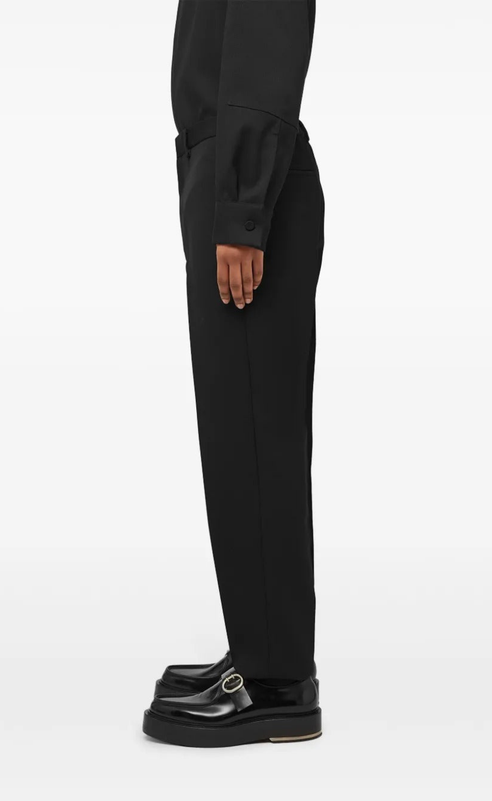 WOOL GABARDINE TAPERED RELAXED BLACK PANTS