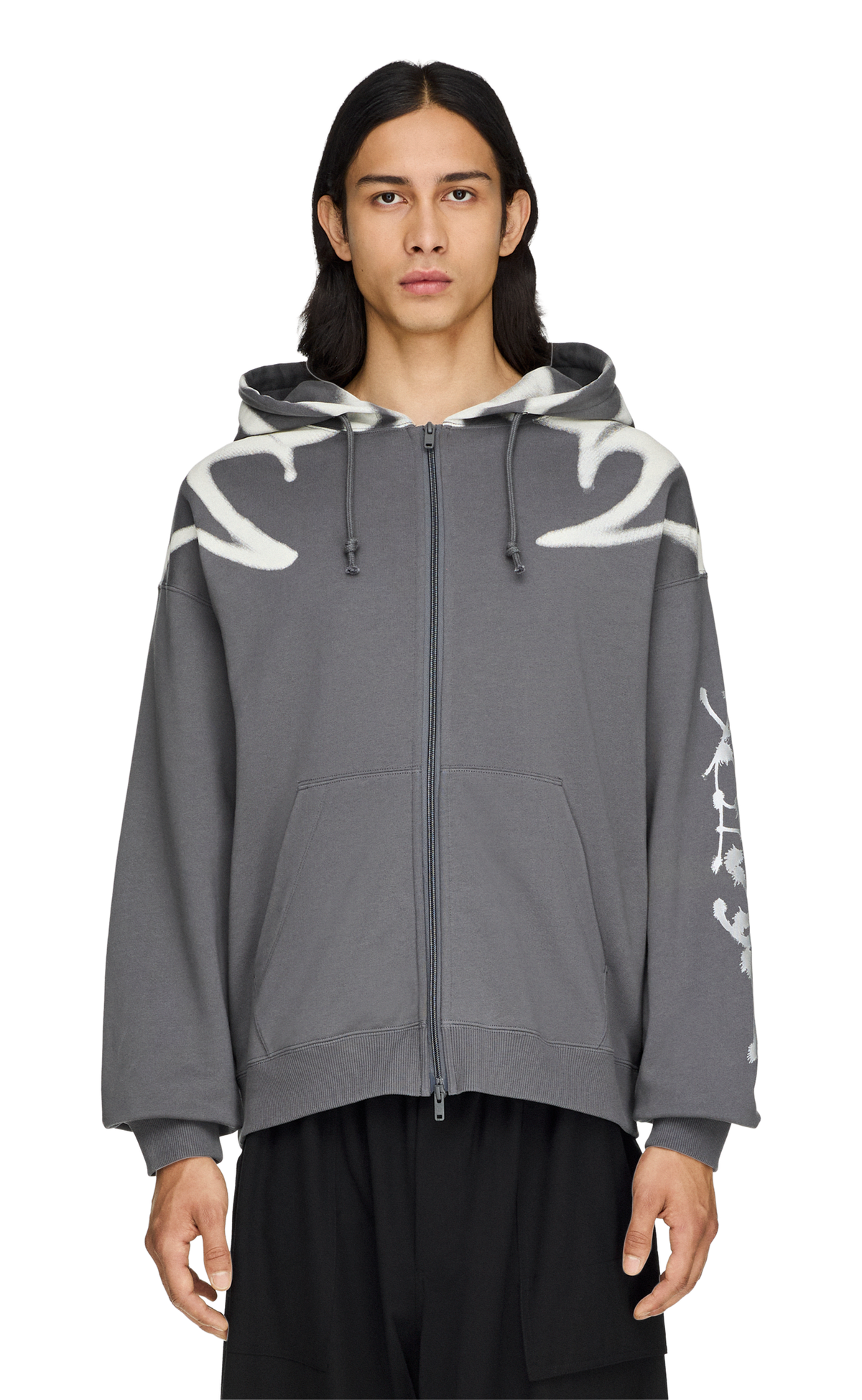 Y-3 CHITO GRAPHIC FRENCH TERRY ZIP GREY HOODIE