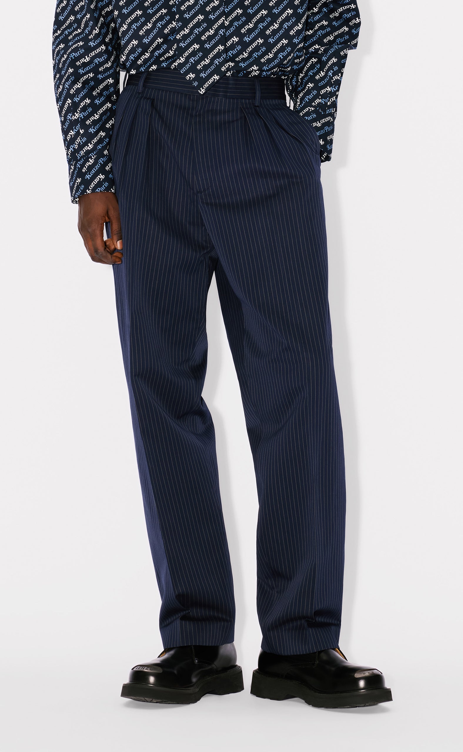 STRIPES PLEATED TAILORED MIDNIGHT BLUE PANTS