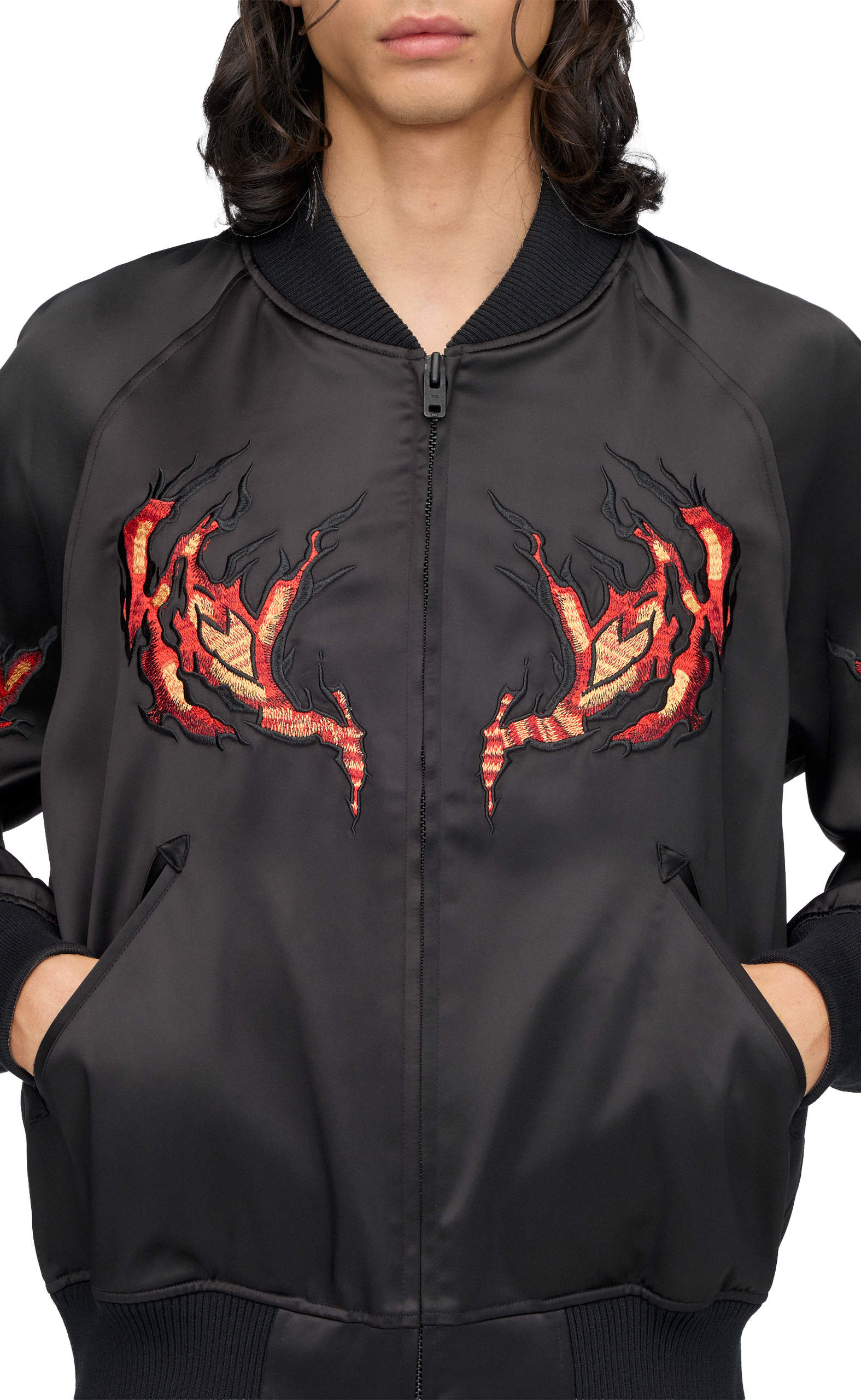 Y-3 EMBROIDERED GRAPHIC SATIN SOUVENIR BLACK JACKET