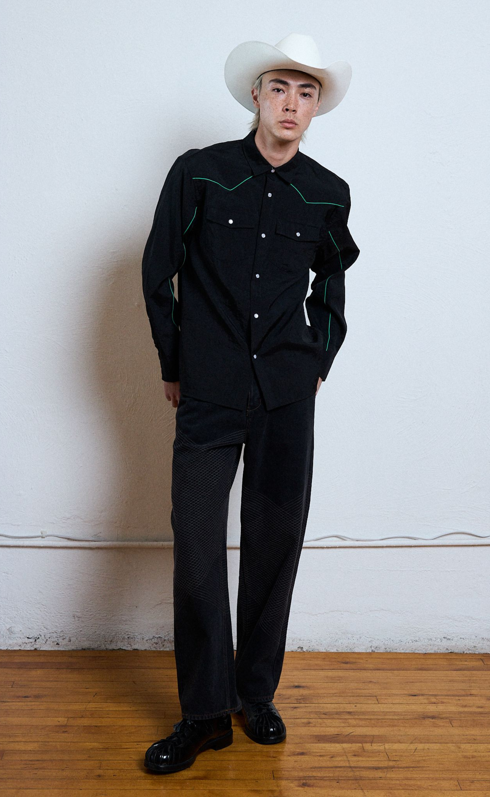 NYLON WESTERN BUTTON UP BLACK SHIRT